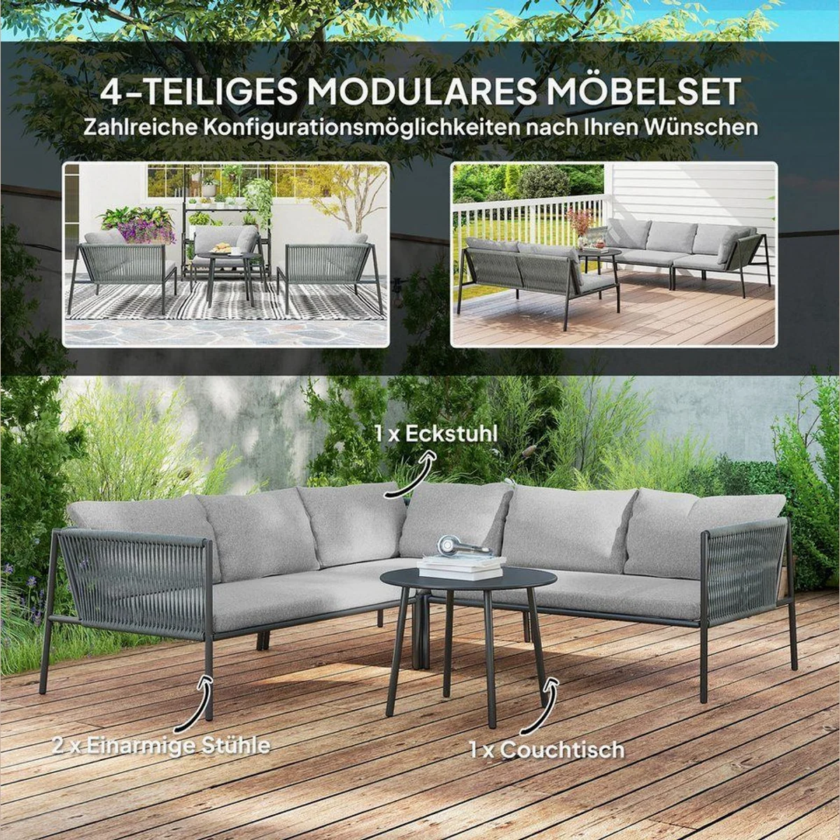 Outsunny Rattan Gartenmöbel Set, wetterfest, modulares Ecksofa mit Tisch — für 6 Personen, Dunkelgrau 4