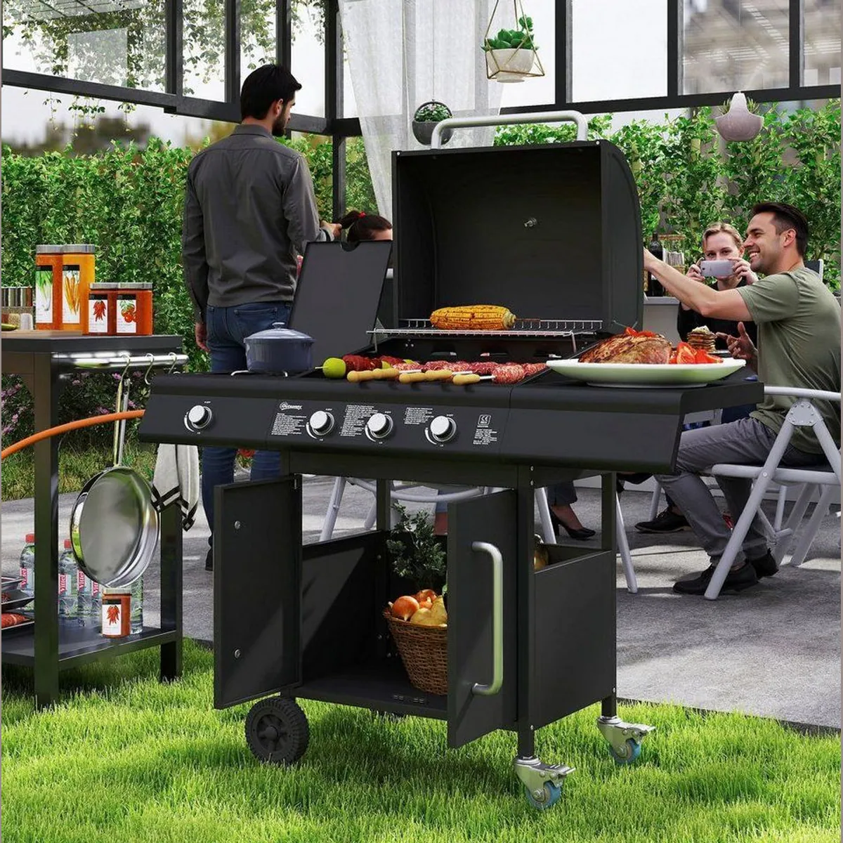 Outsunny Gasgrill BBQ, 4 Brenner, Seitenbrenner, integriertes Thermometer