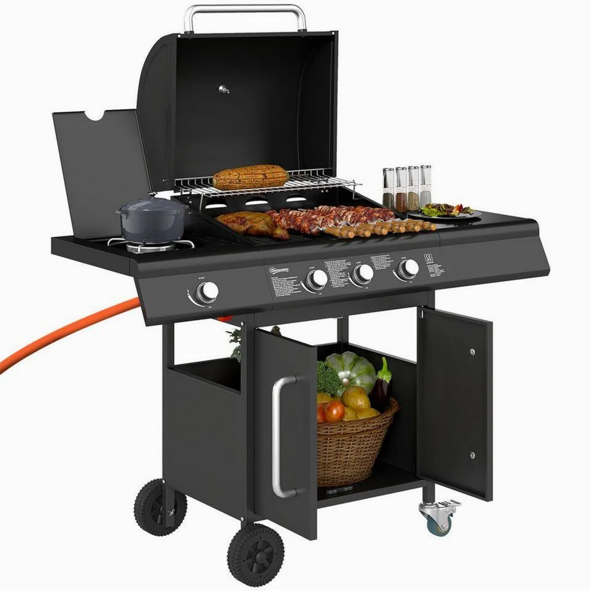 Outsunny Gasgrill BBQ, 4 Brenner, Seitenbrenner, integriertes Thermometer 2