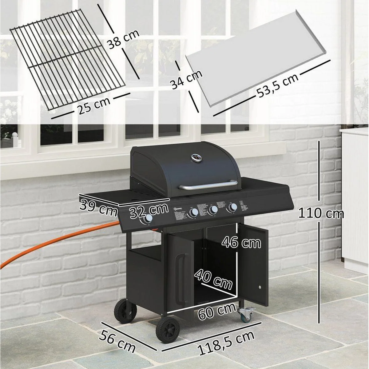 Outsunny Gasgrill BBQ, 4 Brenner, Seitenbrenner, integriertes Thermometer 3