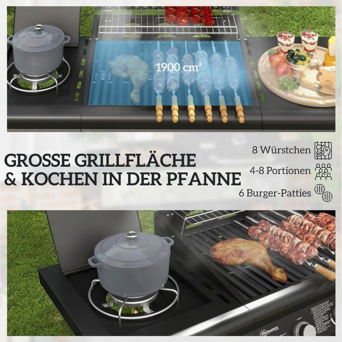 Outsunny Gasgrill BBQ, 4 Brenner, Seitenbrenner, integriertes Thermometer 4