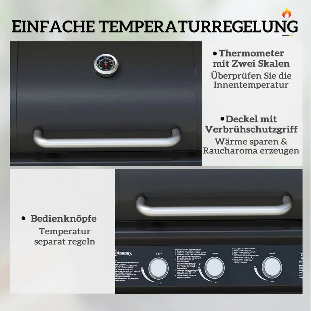 Outsunny Gasgrill BBQ, 4 Brenner, Seitenbrenner, integriertes Thermometer 5