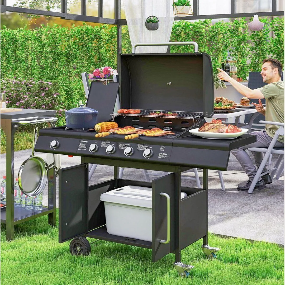 Outsunny Gasgrill 5 Brenner, 15,2 kW Leistung, vielseitig und mobil