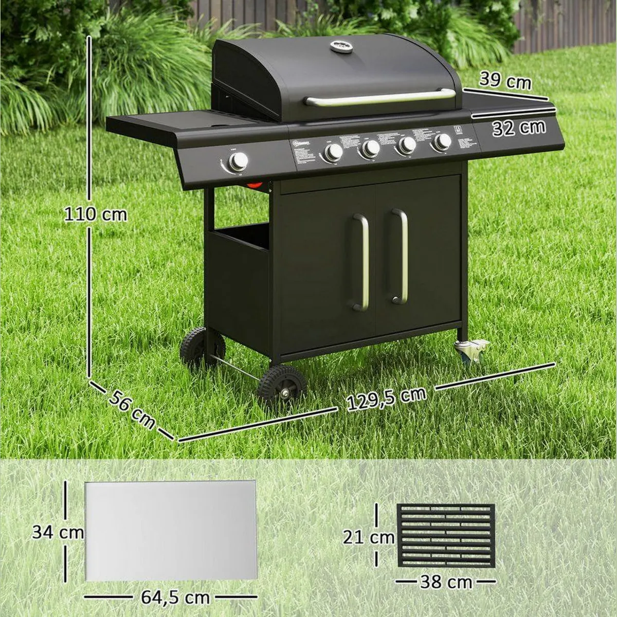 Outsunny Gasgrill 5 Brenner, 15,2 kW Leistung, vielseitig und mobil 3