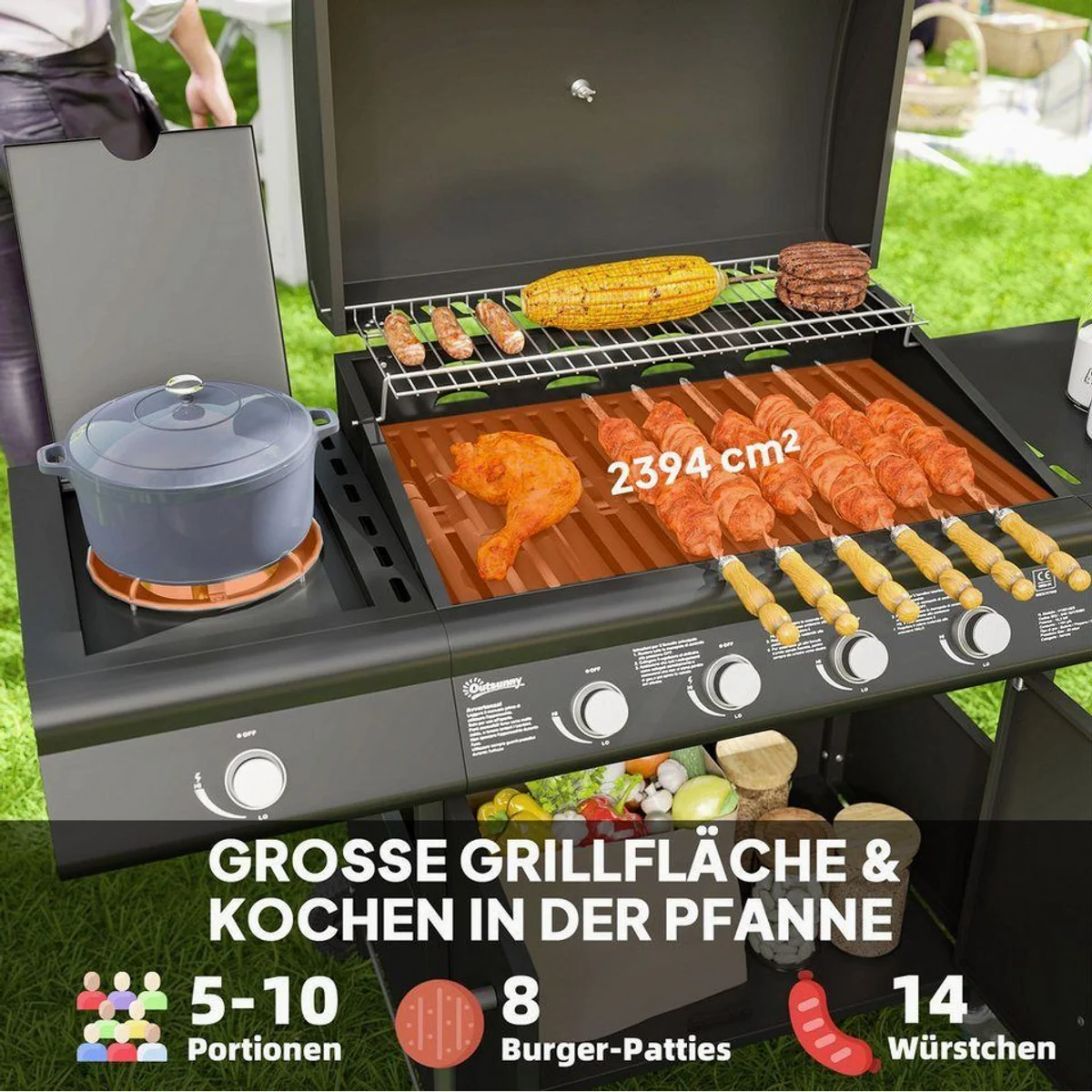Outsunny Gasgrill 5 Brenner, 15,2 kW Leistung, vielseitig und mobil 4