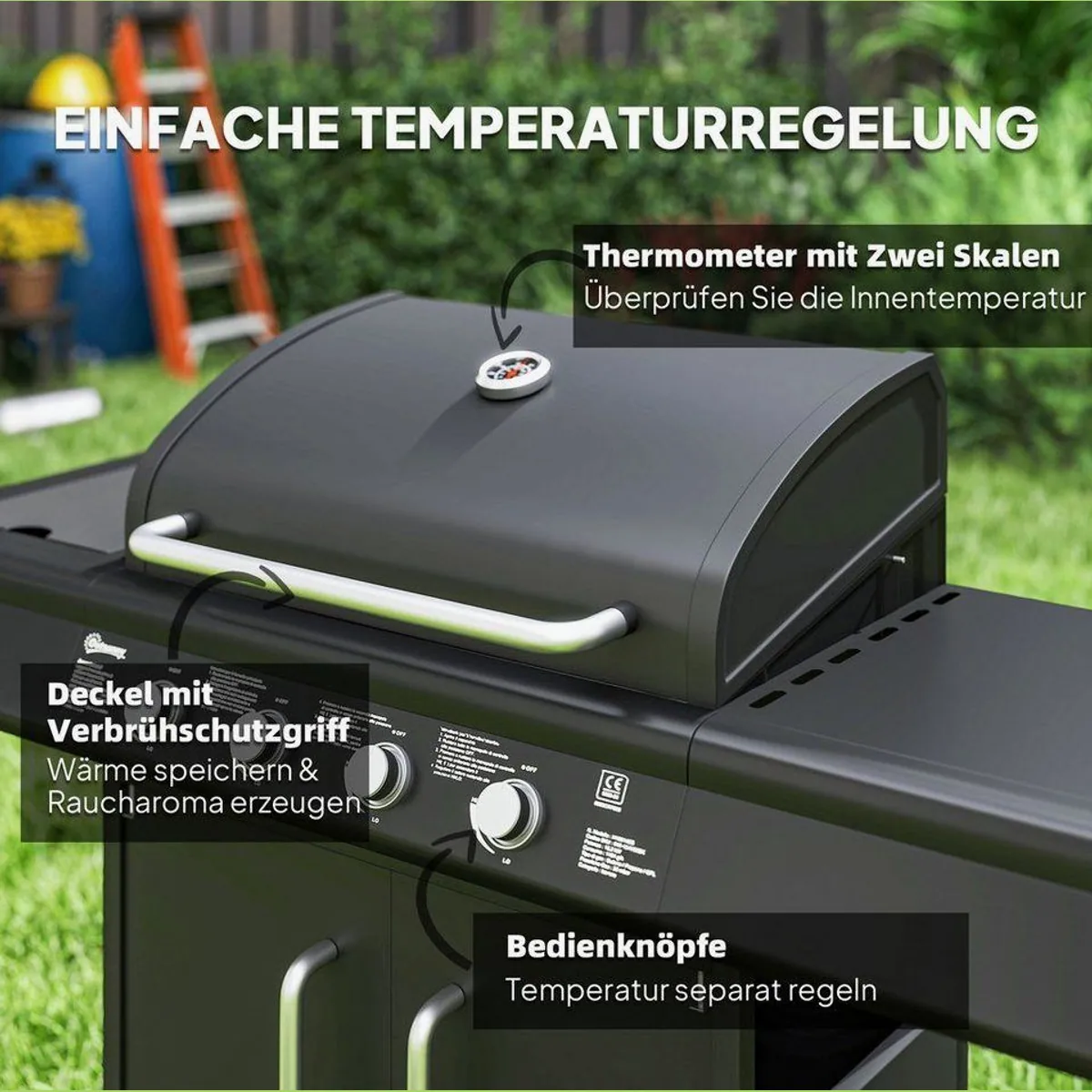 Outsunny Gasgrill 5 Brenner, 15,2 kW Leistung, vielseitig und mobil 5