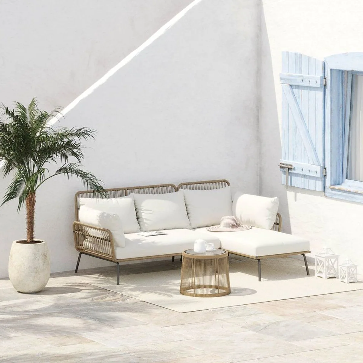 Outsunny Rattan Gartenlounge-Set, L-förmig, mit Kissen und Beistelltisch