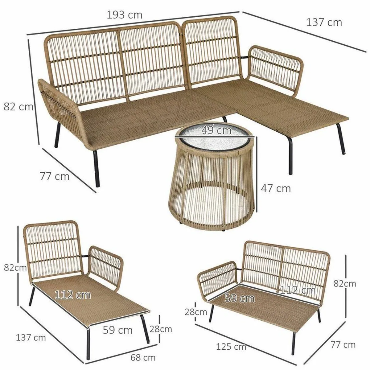 Outsunny Rattan Gartenlounge-Set, L-förmig, mit Kissen und Beistelltisch 3