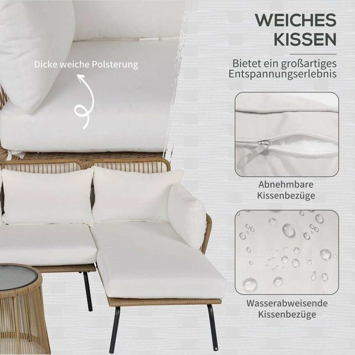 Outsunny Rattan Gartenlounge-Set, L-förmig, mit Kissen und Beistelltisch 5