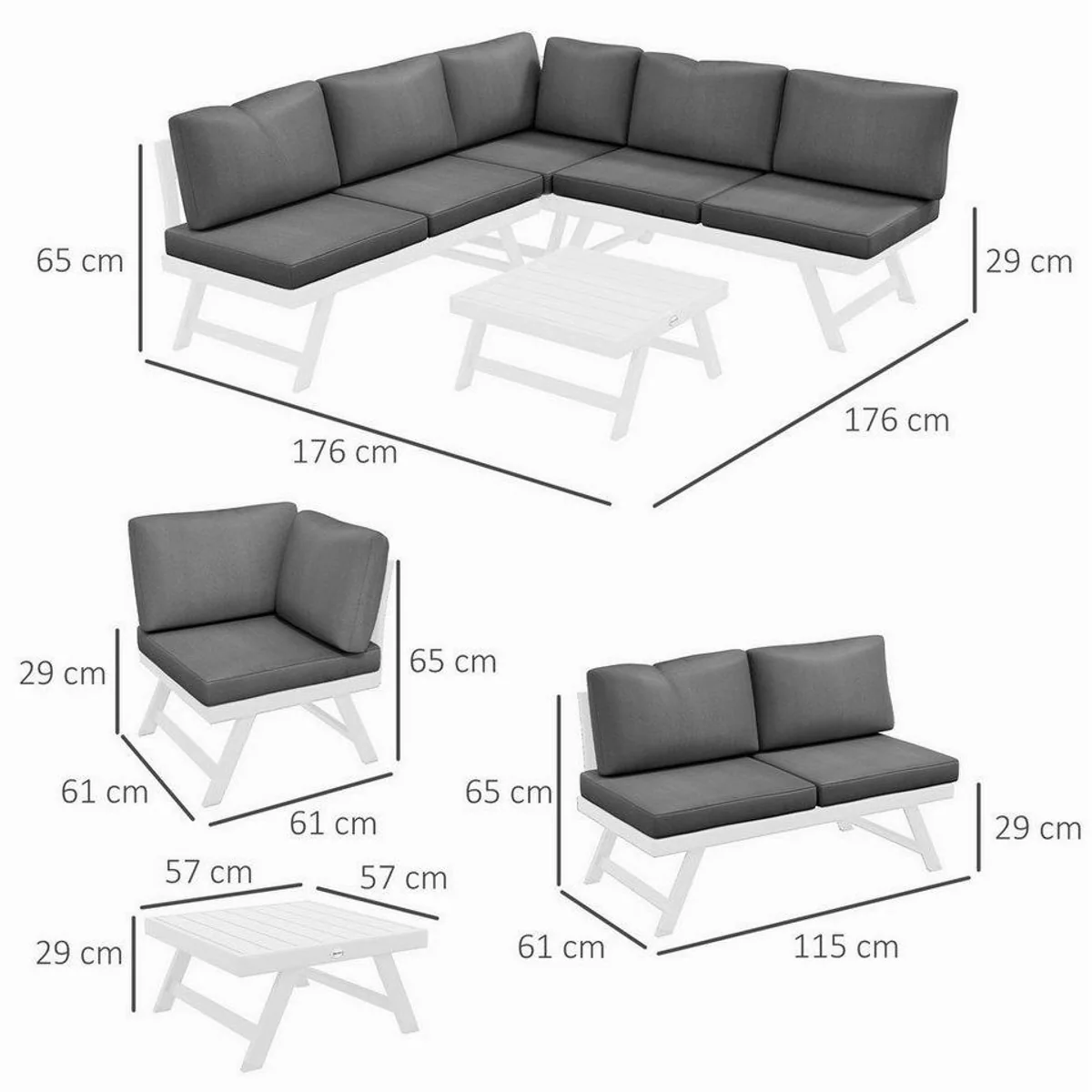 Outsunny Gartenmöbel-Set, 4-teiliges Lounge-Set mit Sitzecke und Couchtisch, Grau 3