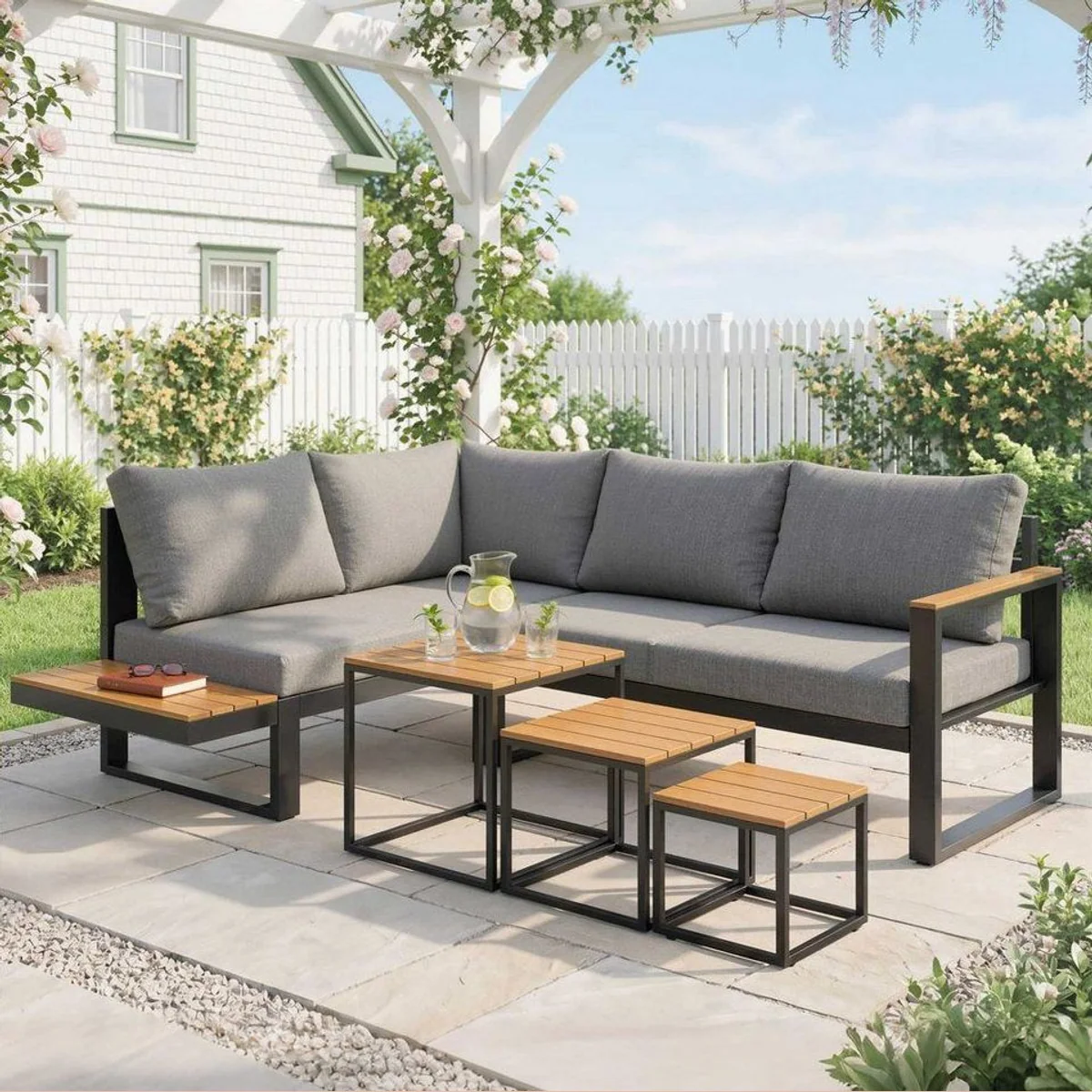 Outsunny Gartenmöbel-Set, 5-teilig, komfortable Ecksofa-Kombination