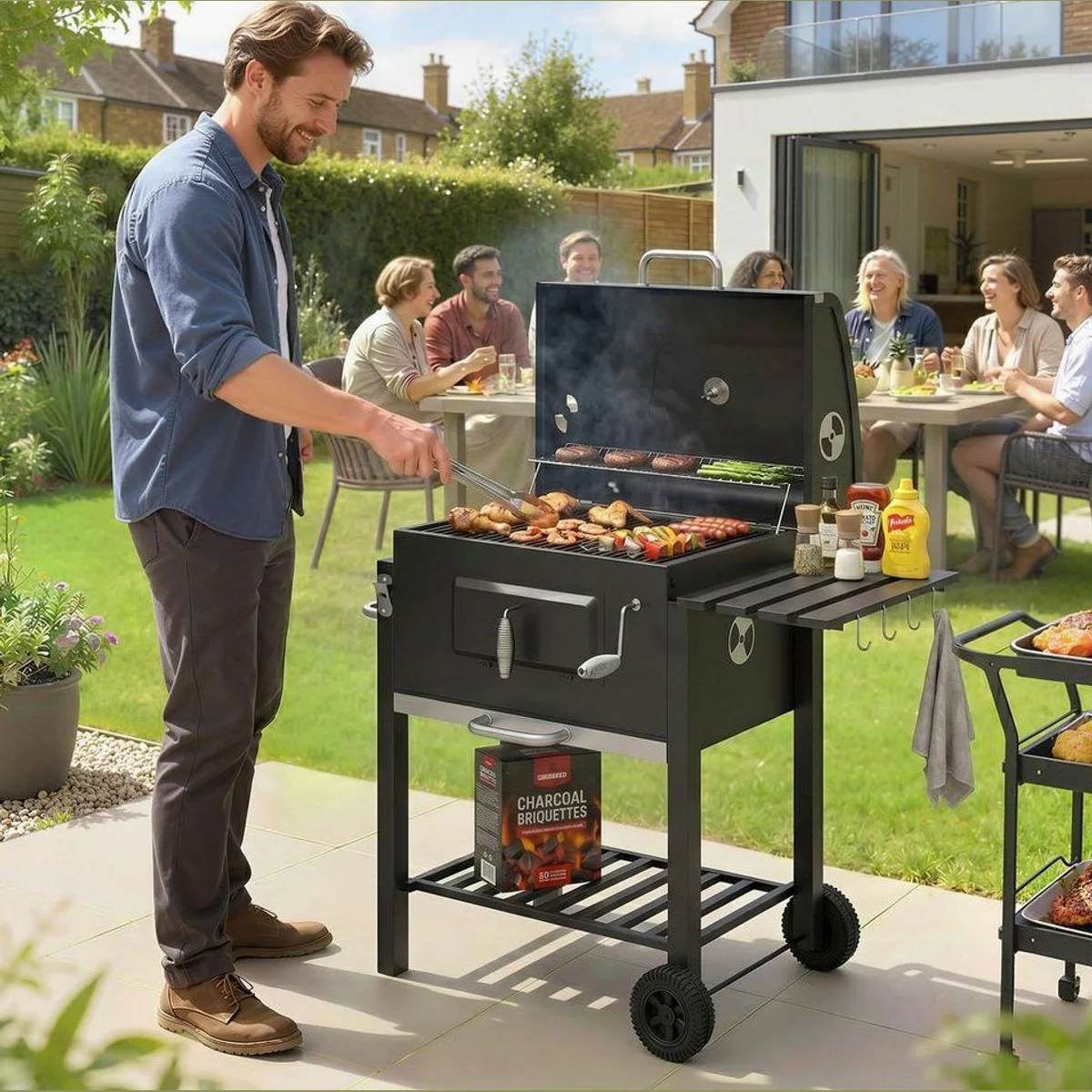 Outsunny Holzkohlegrill BBQ Smoker, hitzebeständig, mit Thermometer und Rädern