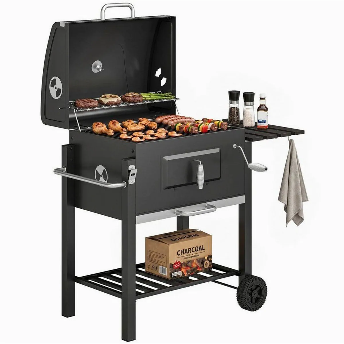 Outsunny Holzkohlegrill BBQ Smoker, hitzebeständig, mit Thermometer und Rädern 2