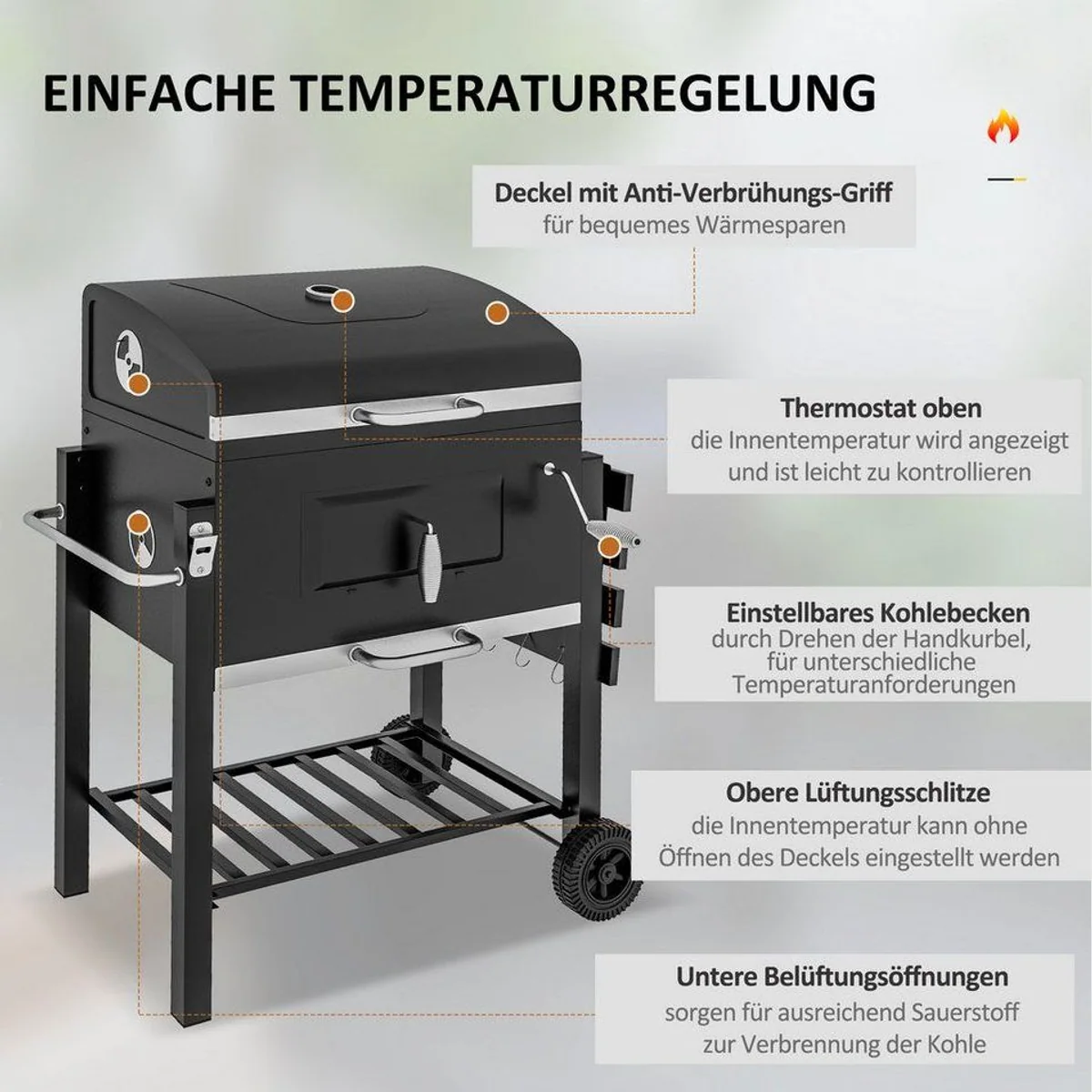 Outsunny Holzkohlegrill BBQ Smoker, hitzebeständig, mit Thermometer und Rädern 5