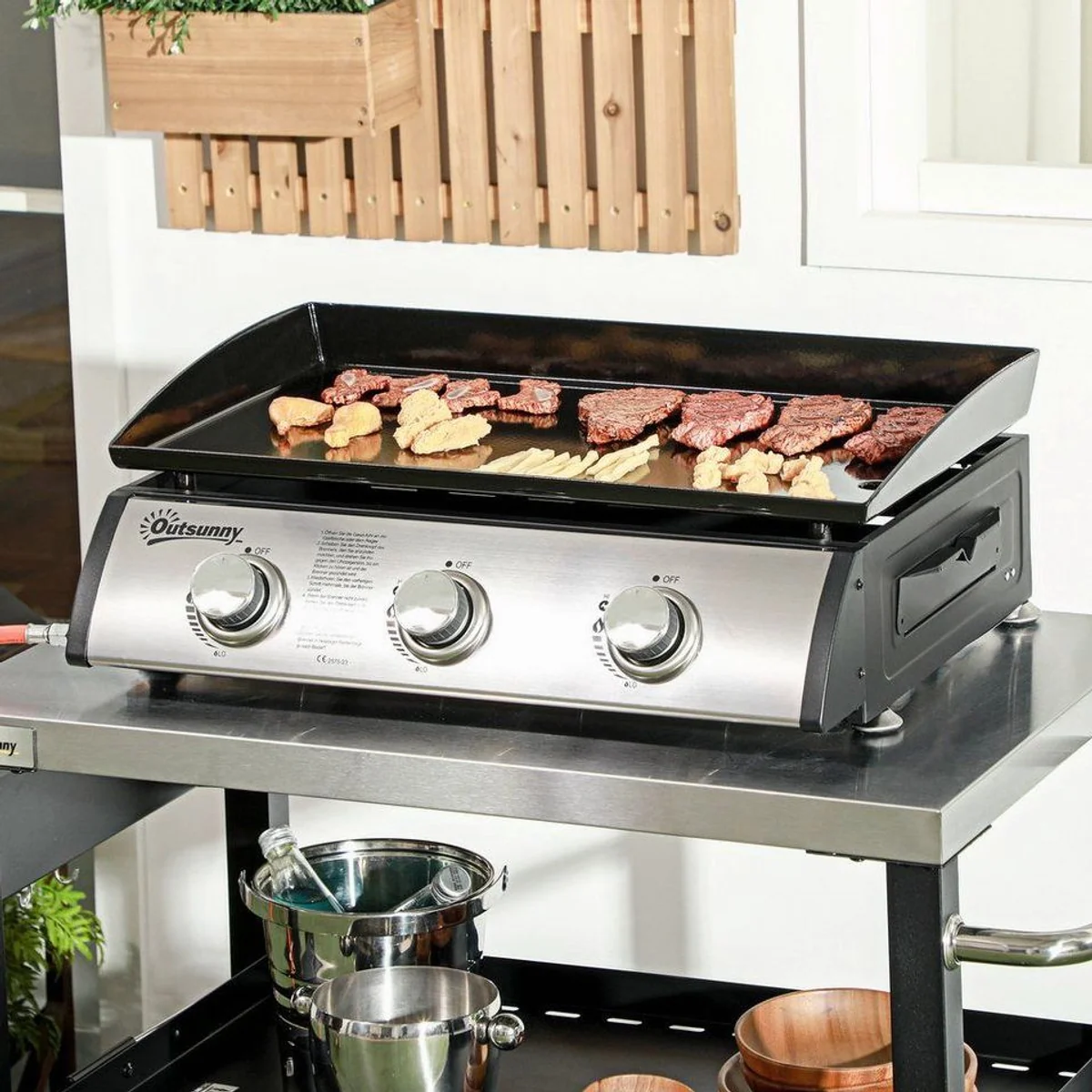 Outsunny Gasgrill mit Deckel, 3 Brennern, antihaftbeschichteter Grillplatte