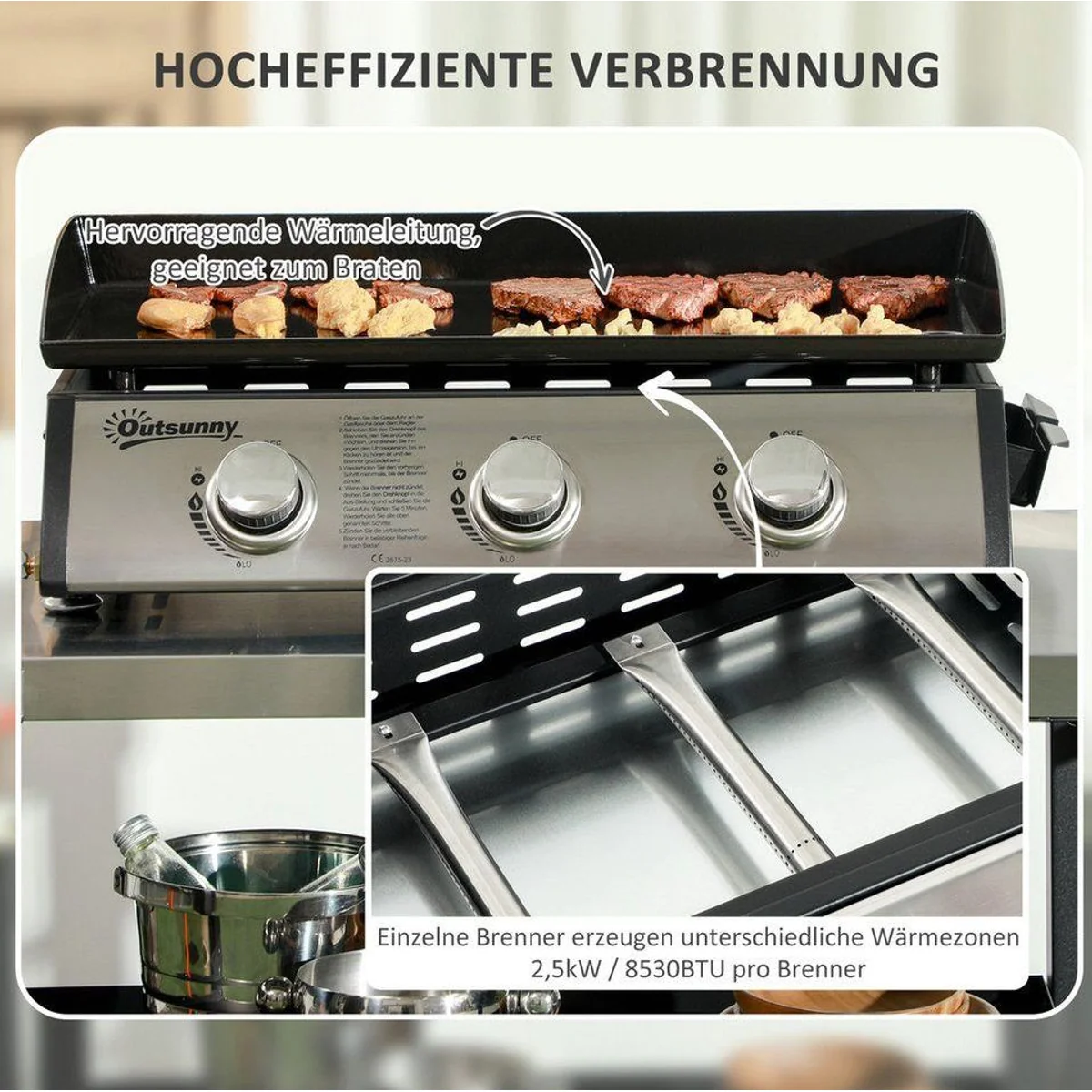 Outsunny Gasgrill mit Deckel, 3 Brennern, antihaftbeschichteter Grillplatte 4
