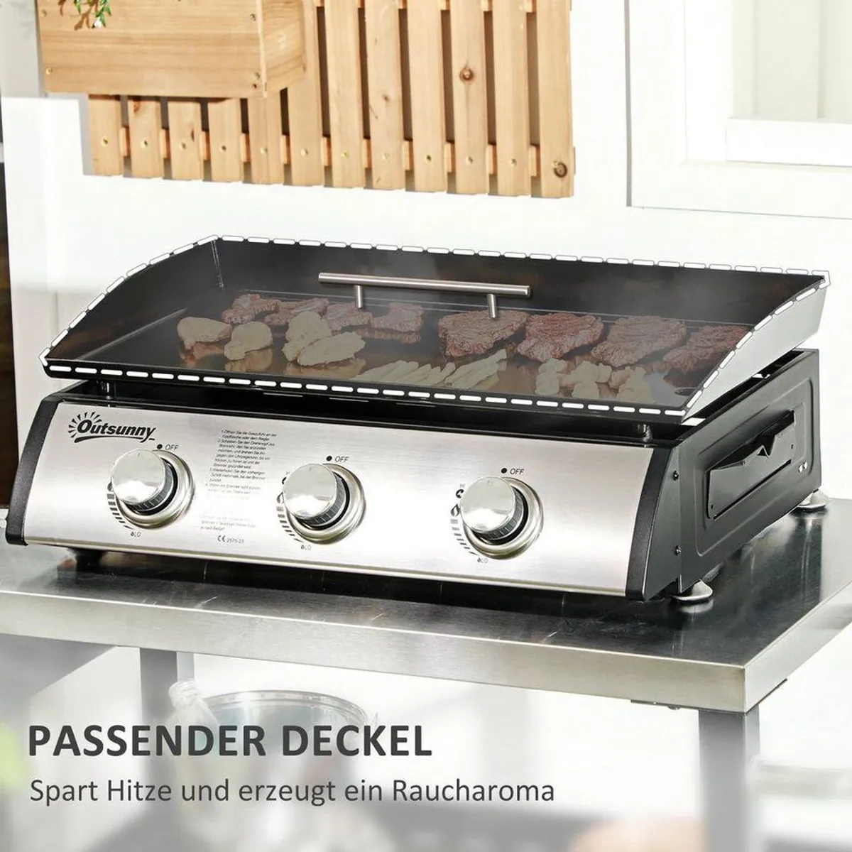 Outsunny Gasgrill mit Deckel, 3 Brennern, antihaftbeschichteter Grillplatte 5
