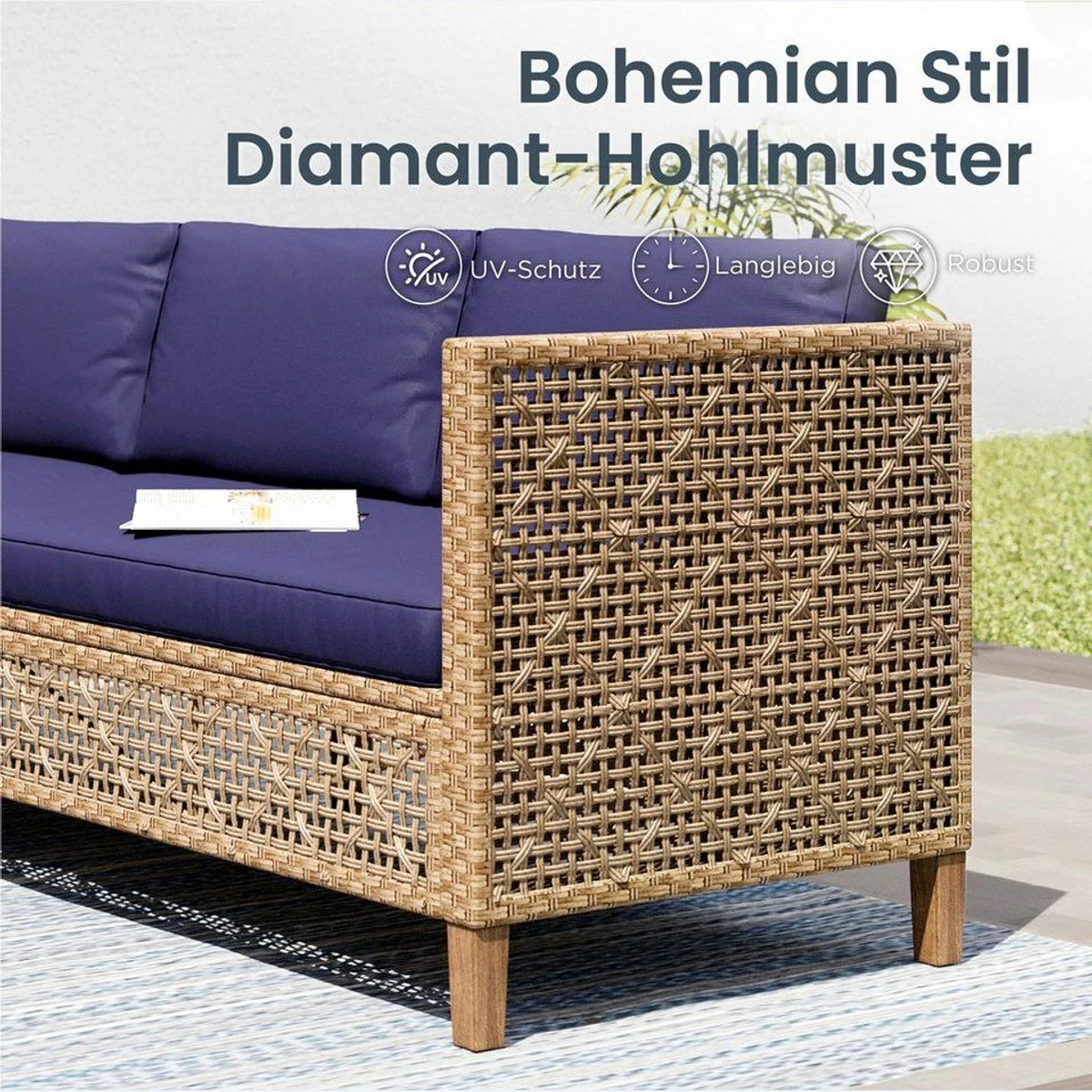 PHI VILLA Gartenlounge-Set, stilvolles PE Rattan-Design, komfortable Kissen — Beige und Dunkelblau 2