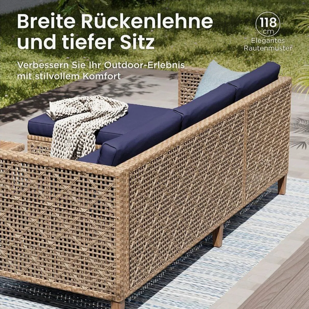 PHI VILLA Gartenlounge-Set, stilvolles PE Rattan-Design, komfortable Kissen — Beige und Dunkelblau 3