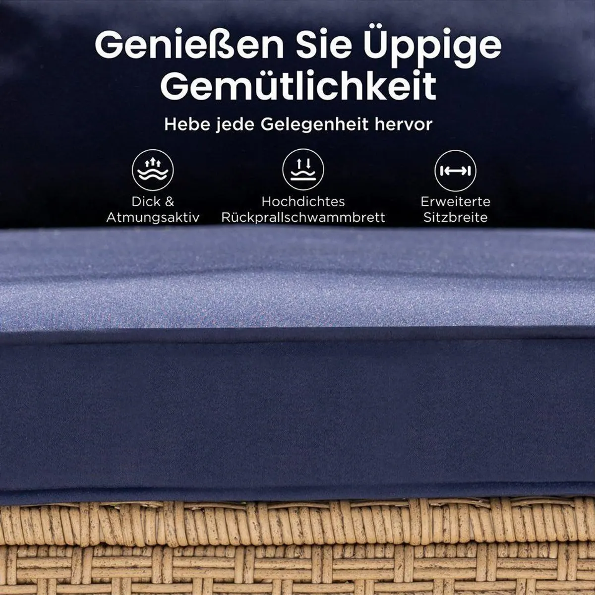 PHI VILLA Gartenlounge-Set, stilvolles PE Rattan-Design, komfortable Kissen — Beige und Dunkelblau 4