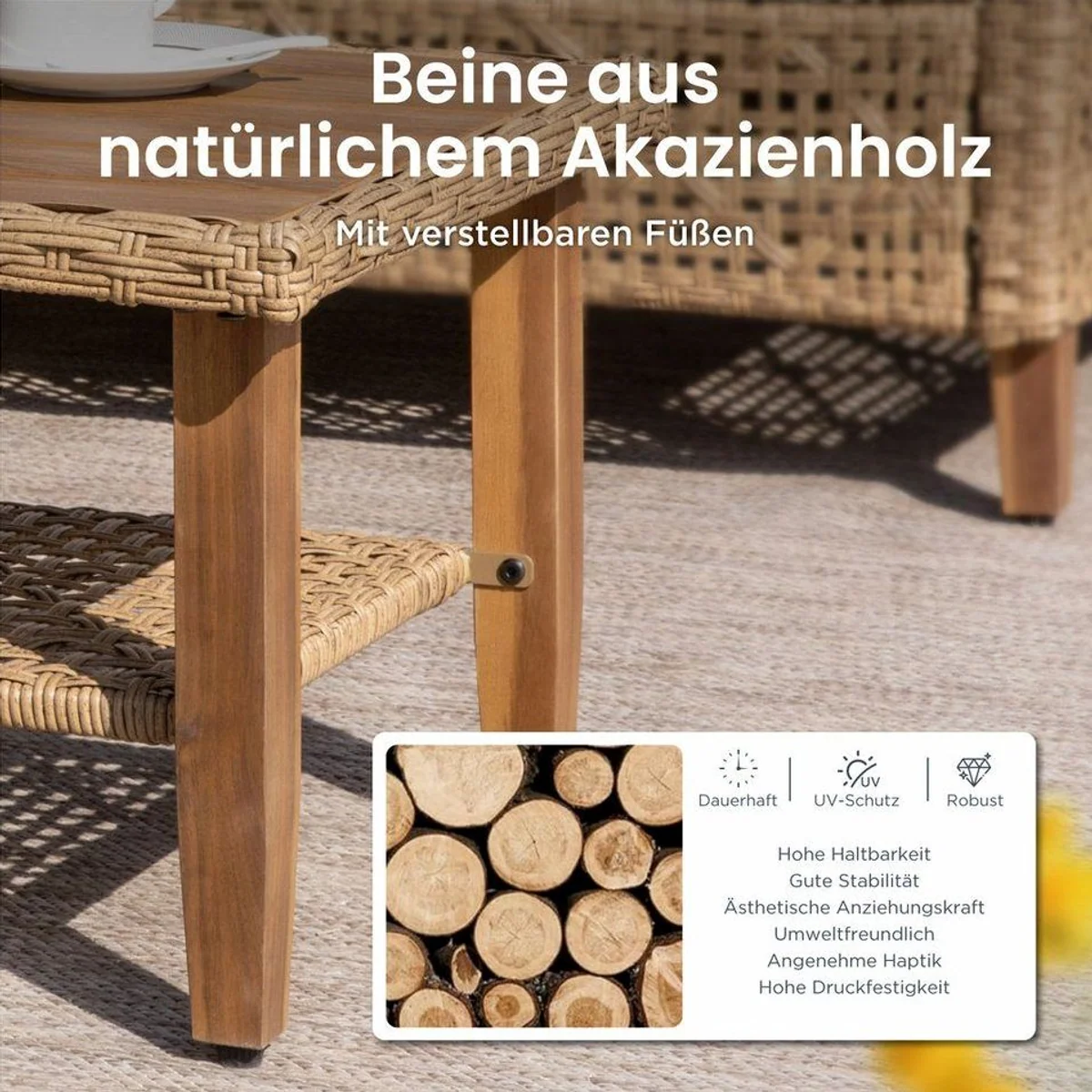 PHI VILLA Gartenlounge-Set, stilvolles PE Rattan-Design, komfortable Kissen — Beige und Dunkelblau 5