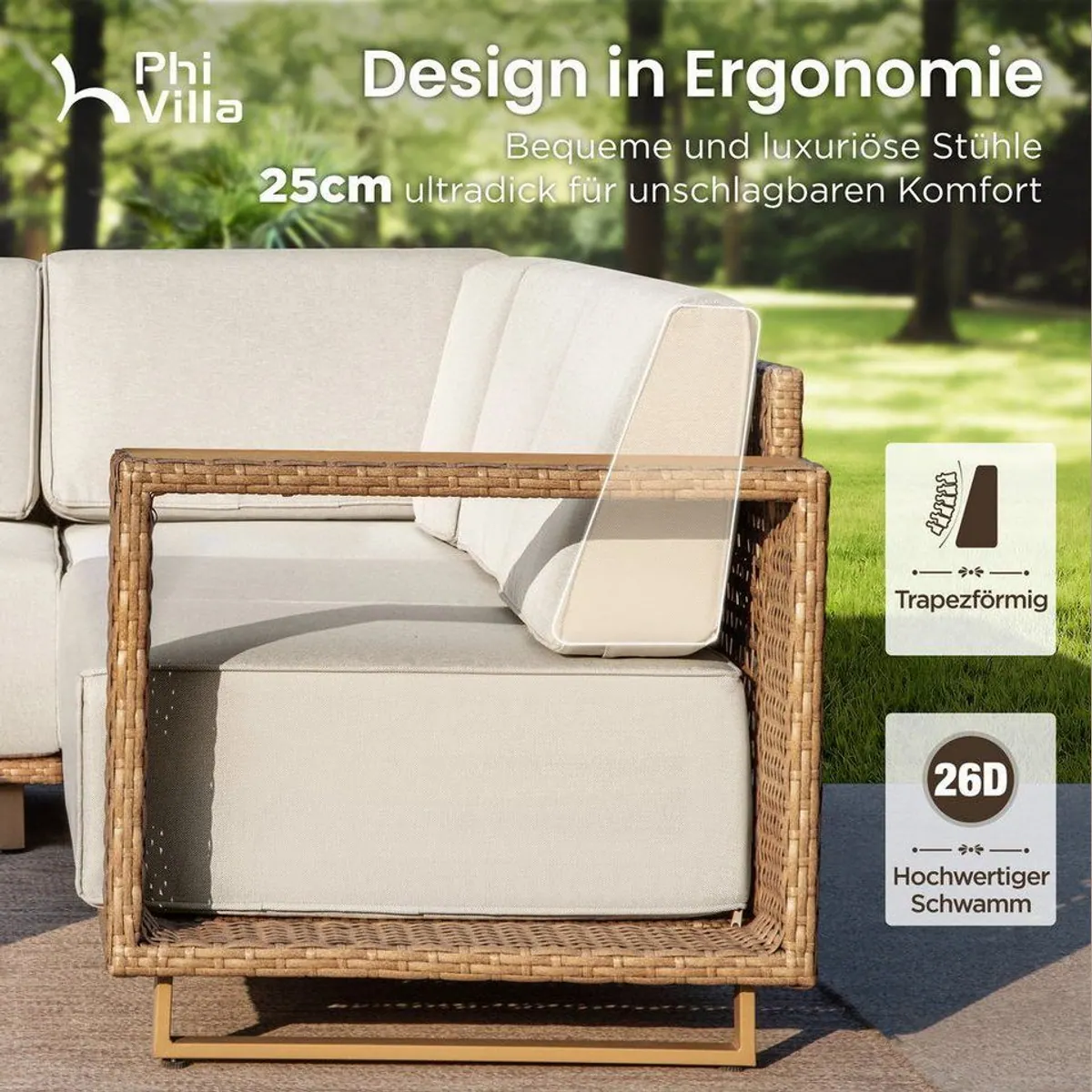 PHI VILLA Gartenlounge-Set, wetterbeständiges Rattan, extradicke Kissen — stilvolles Terrassenmöbel für entspannte Stunden 5