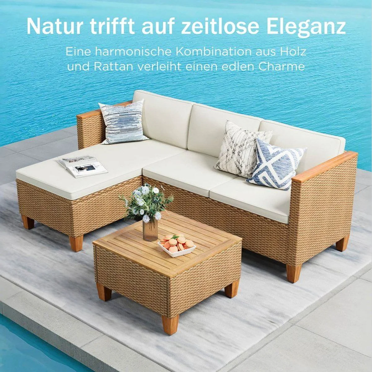 PHI VILLA Gartenlounge-Set, stilvolles Rattan, komfortable Kissen, eleganter Beistelltisch 2