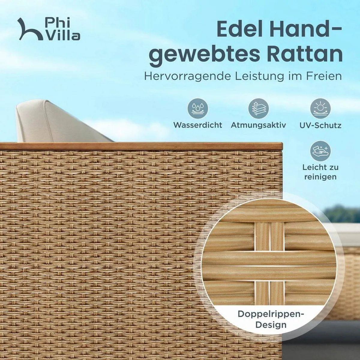 PHI VILLA Gartenlounge-Set, stilvolles Rattan, komfortable Kissen, eleganter Beistelltisch 5