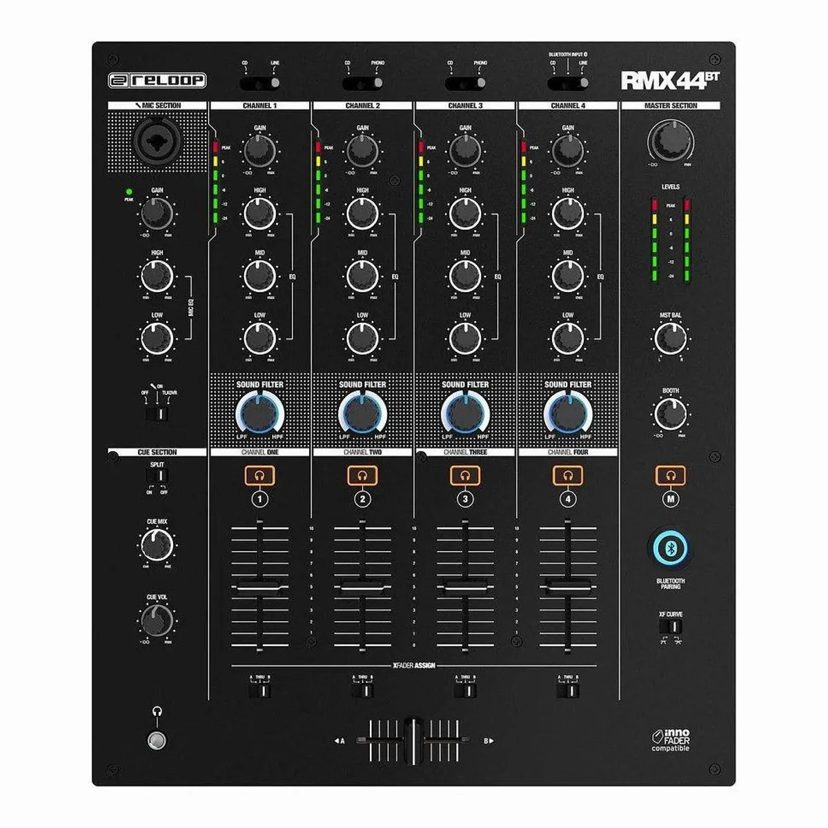 Reloop RMX-44 BT DJ-Controller, modernes Club-Design, Bluetooth-Konnektivität, 4-Kanal Mixer