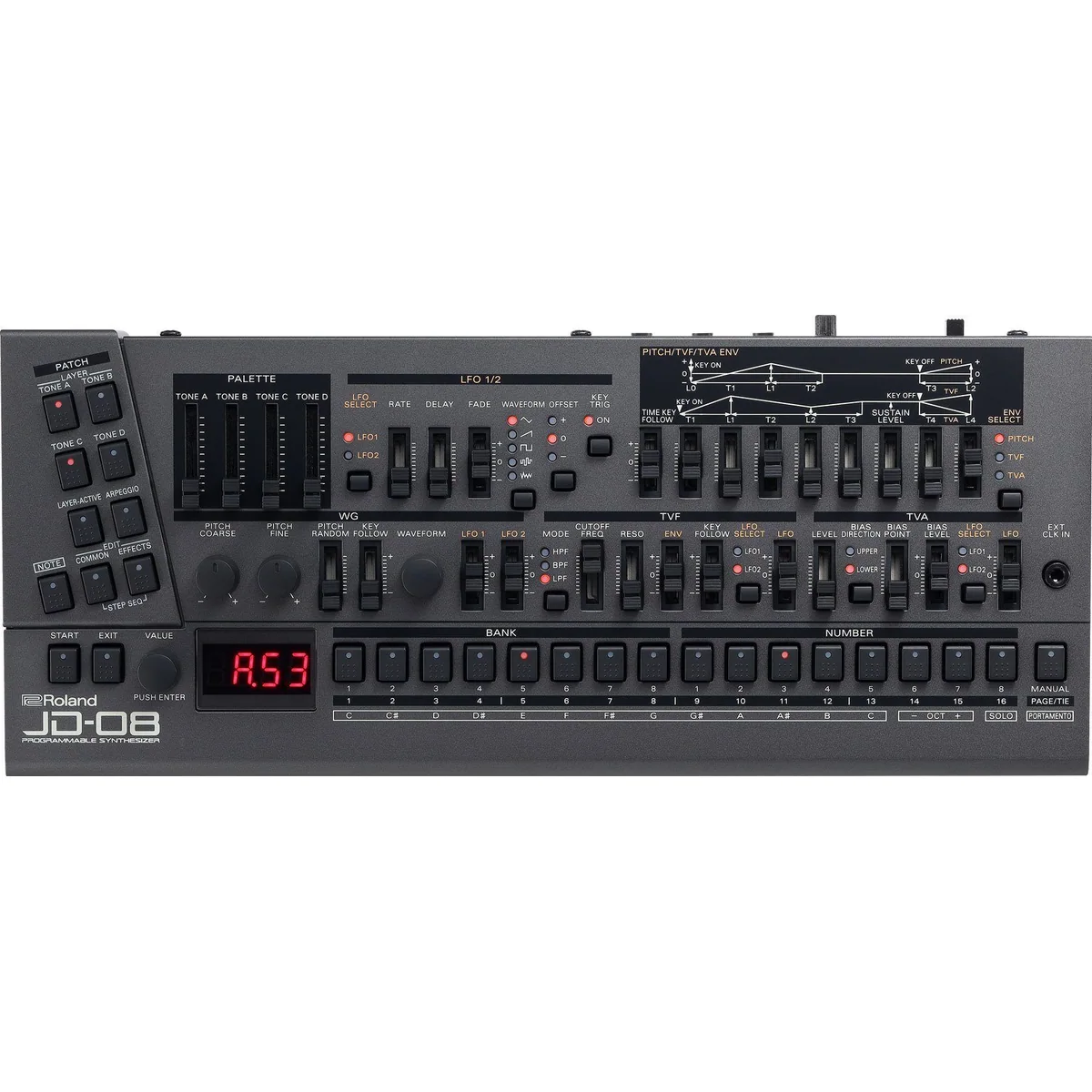 Roland JD-08 Synthesizer, authentischer Sound, erweiterte Polyphonie, integrierter Sequencer