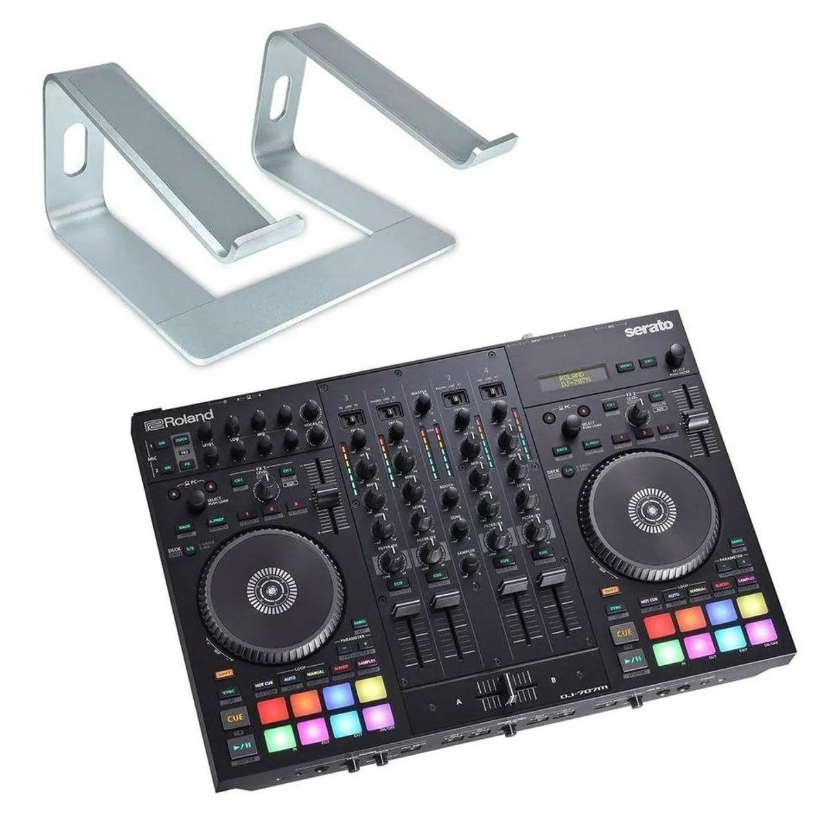 Roland DJ-707M, umfassender DJ-Controller mit integriertem Mischpult und Laptopständer — 4 Kanäle, Feedback-Unterdrückung, Serato DJ Pro-Unterstützung