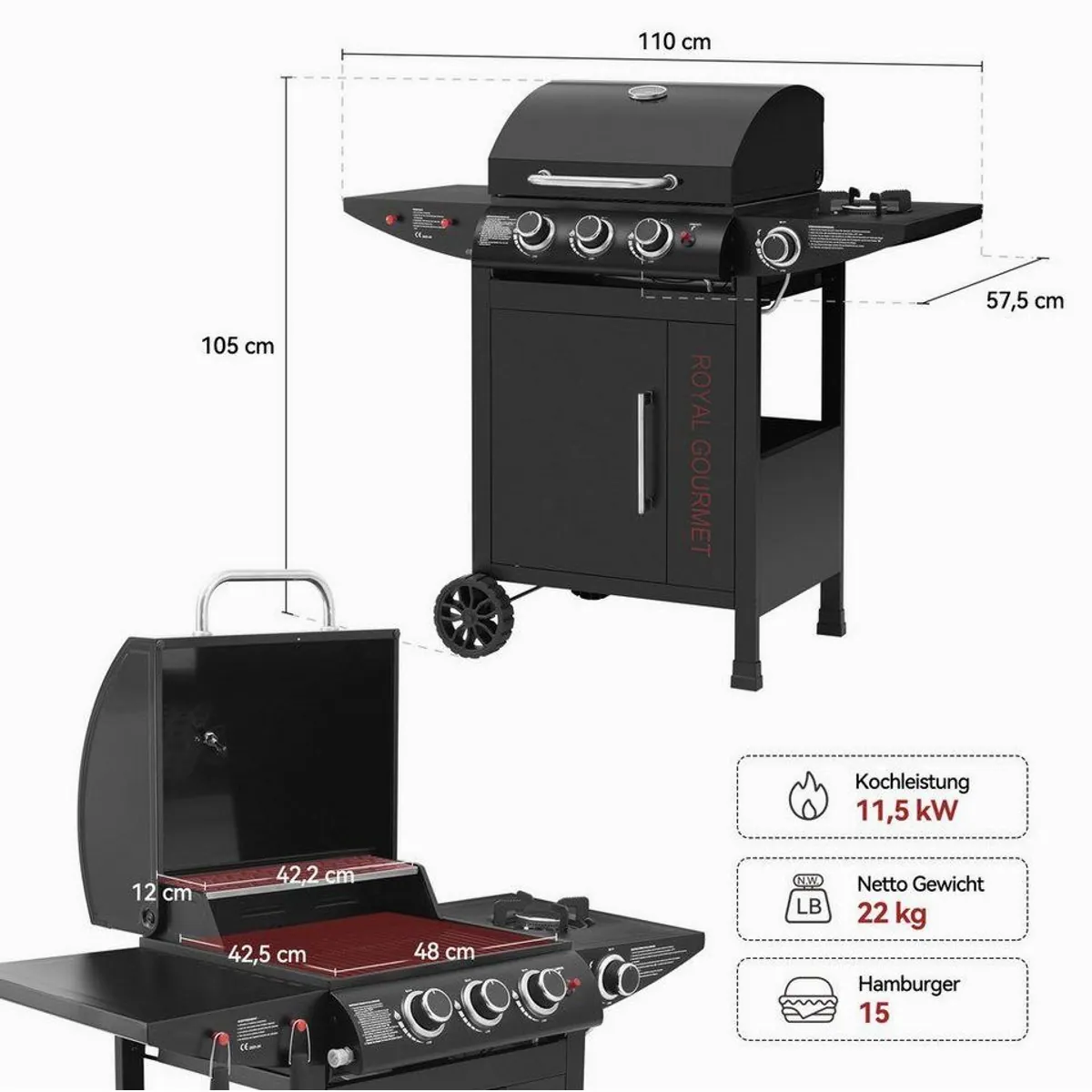 Royal Gourmet Gasgrill 3+1, 11,5 kW Leistung, rollwagen-design mit Thermometer 4