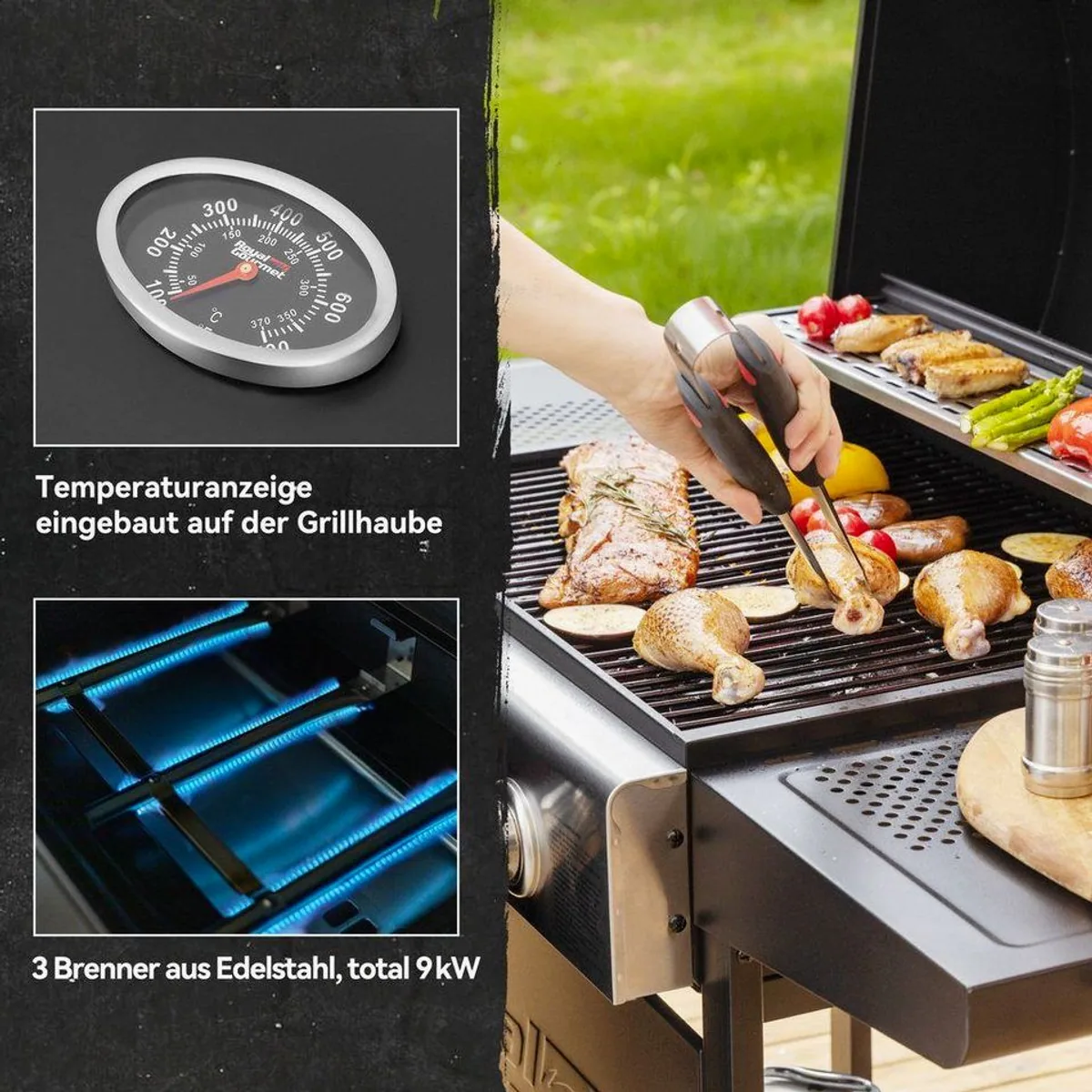 Royal Gourmet Gasgrill 3 Brenner, 9 kW Leistung, elegantes Design — ideal für Garten und Terrasse 5