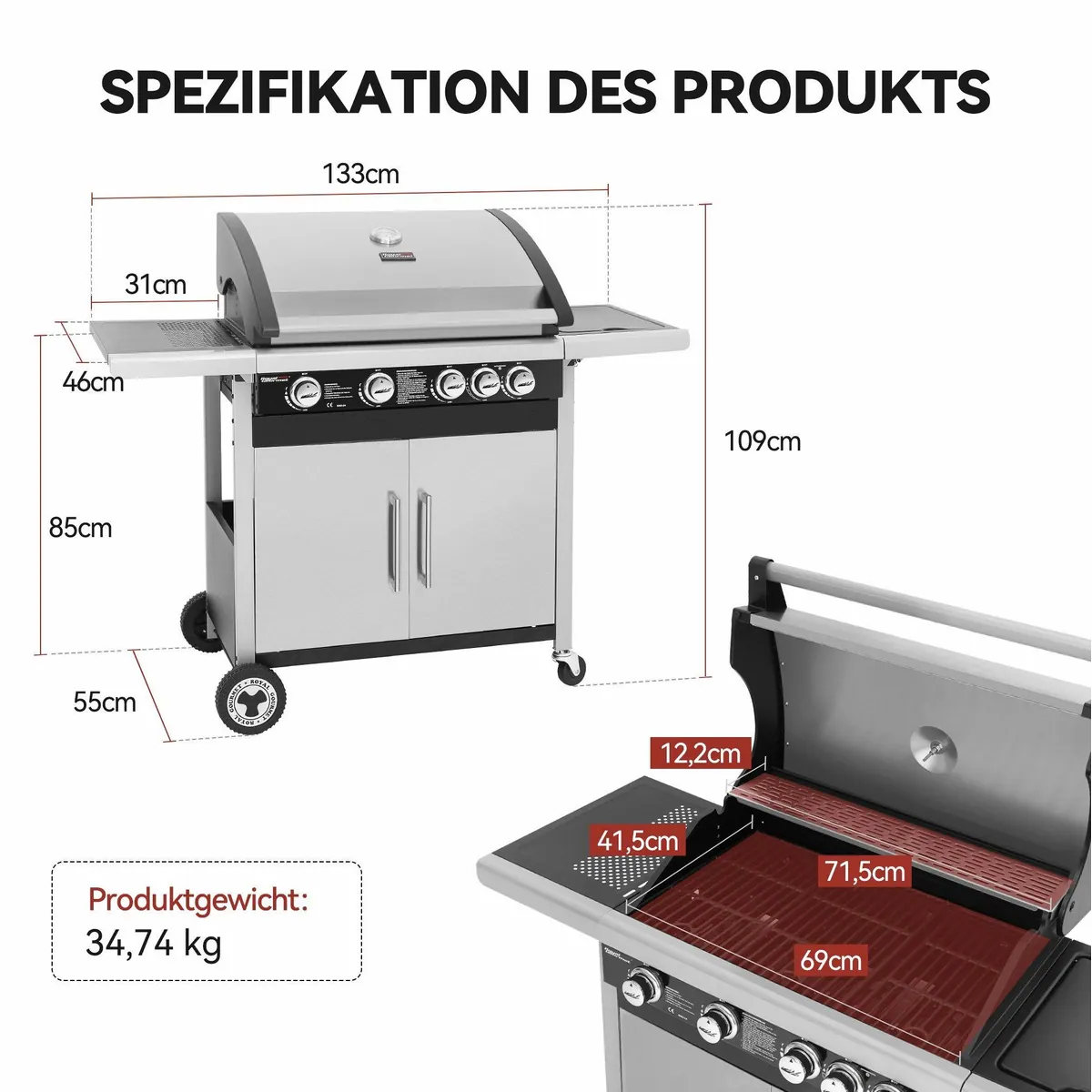 Royal Gourmet GE4001SE-G Gasgrill, 4 Brenner, Edelstahl, 14,5 kW Leistung 2