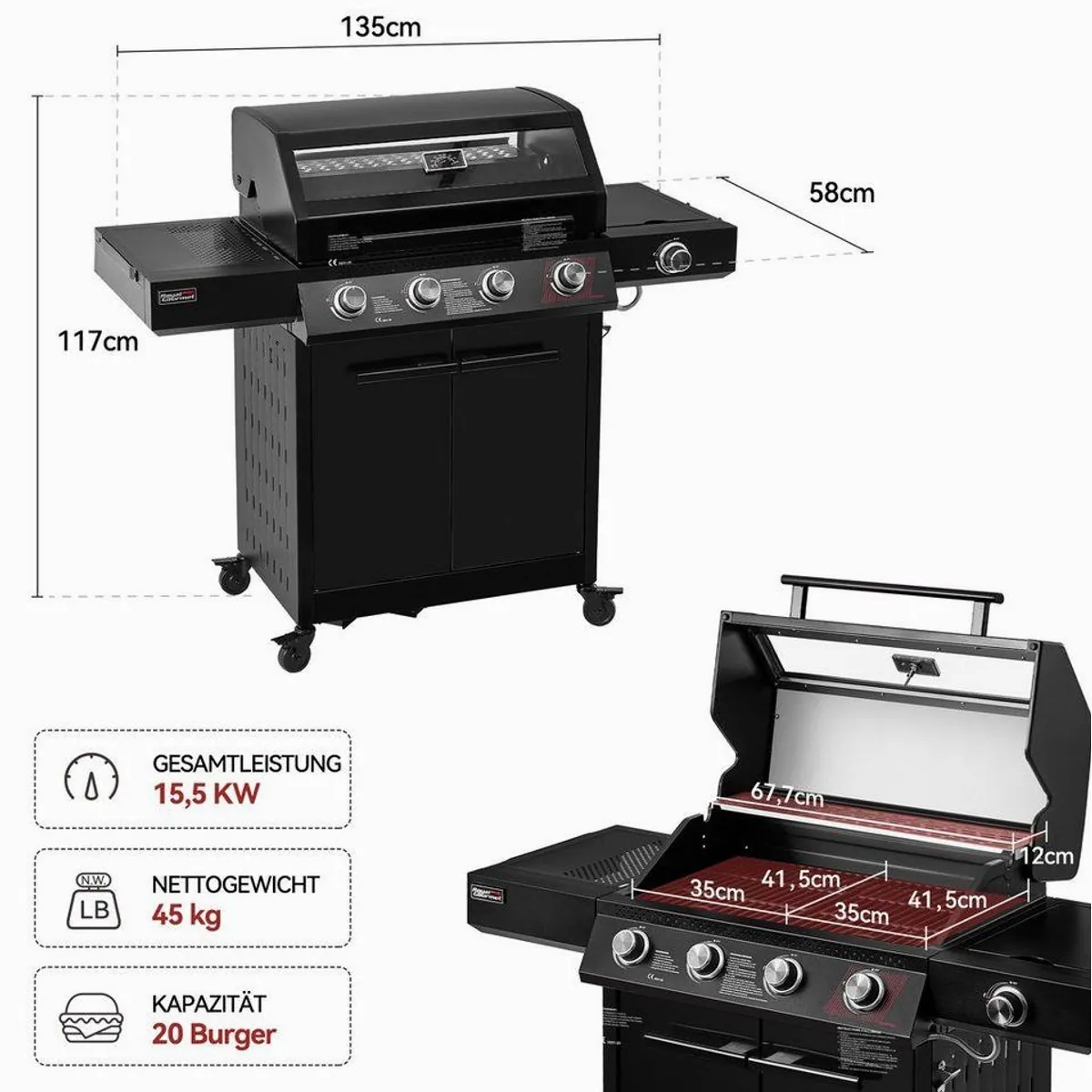 Royal Gourmet Gasgrill 4+1 Brenner, 15,5 kW Leistung — präzise Grillsteuerung, Sichtfenster, vielseitige Ablagemöglichkeiten 2