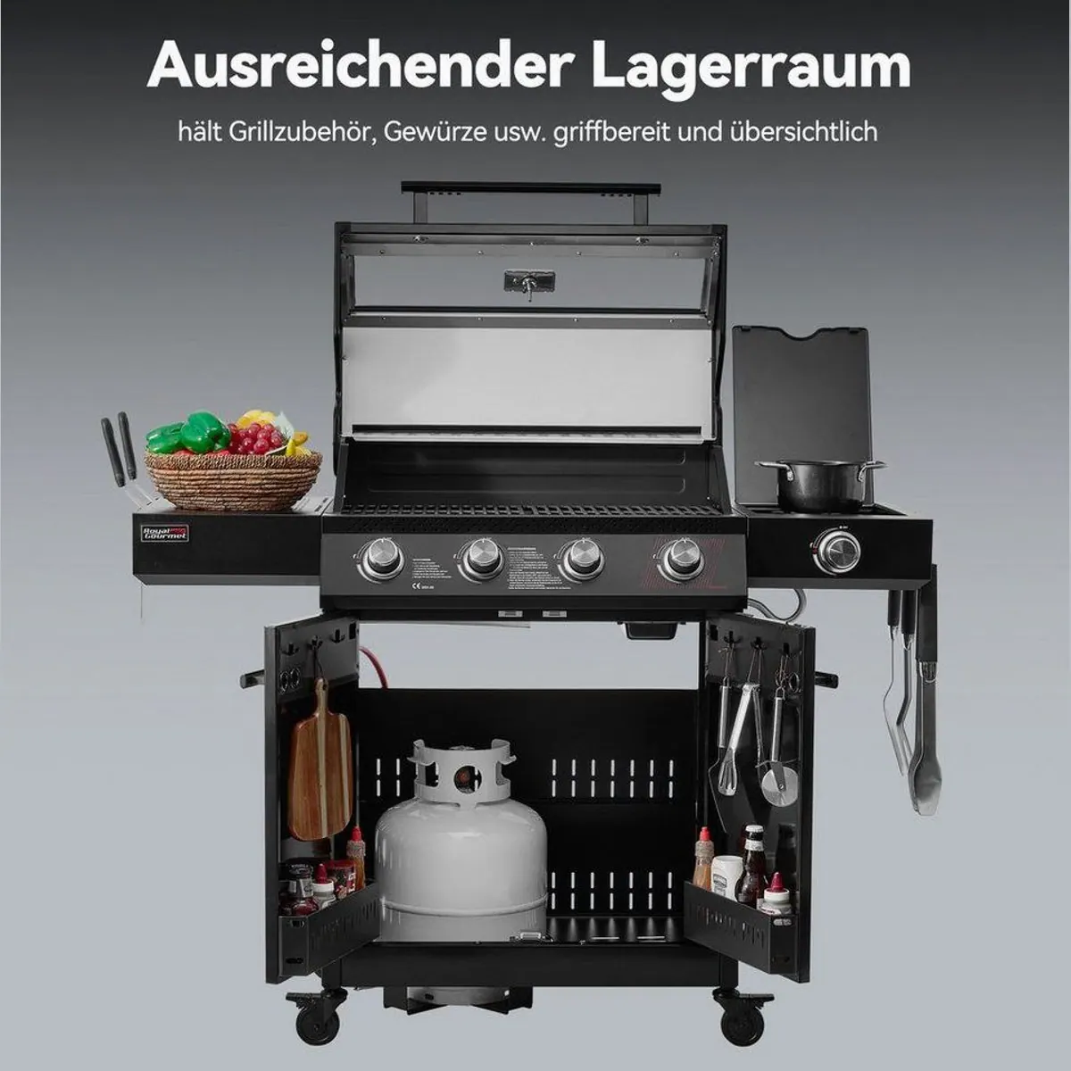 Royal Gourmet Gasgrill 4+1 Brenner, 15,5 kW Leistung — präzise Grillsteuerung, Sichtfenster, vielseitige Ablagemöglichkeiten 4