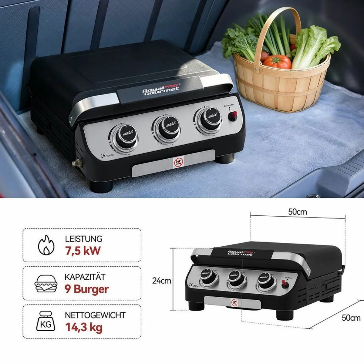 Royal Gourmet Gasgrill, 3 Brenner, 7,5 kW Leistung, kompaktes Design 3