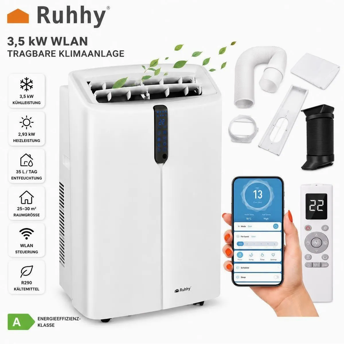 Ruhhy 4-in-1 Klimagerät, WLAN-fähig, 12000 BTU & 46 dB Betriebsgeräusch