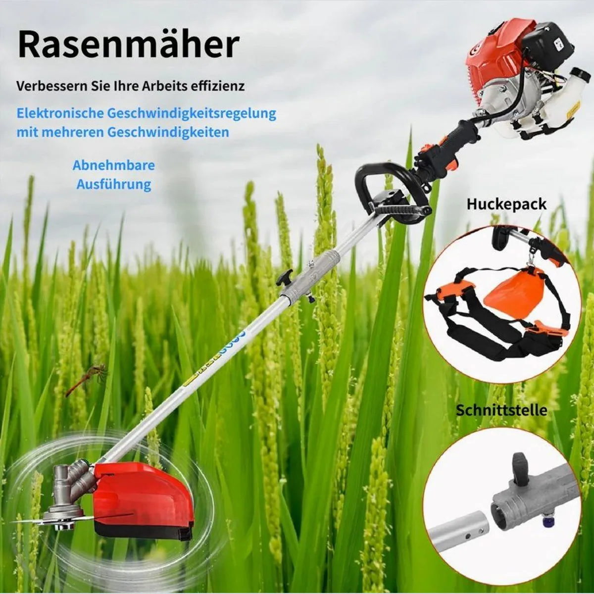 Rutaqian Benzinrasenmäher, Multifunktional, 5-in-1 mit Kettensäge und Freischneider 3