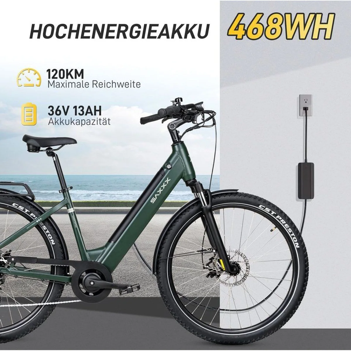 SAXXX E-Bike Cityrad, 250 W Heckmotor, 468 Wh Akku, 7-Gang SHIMANO Altus 3