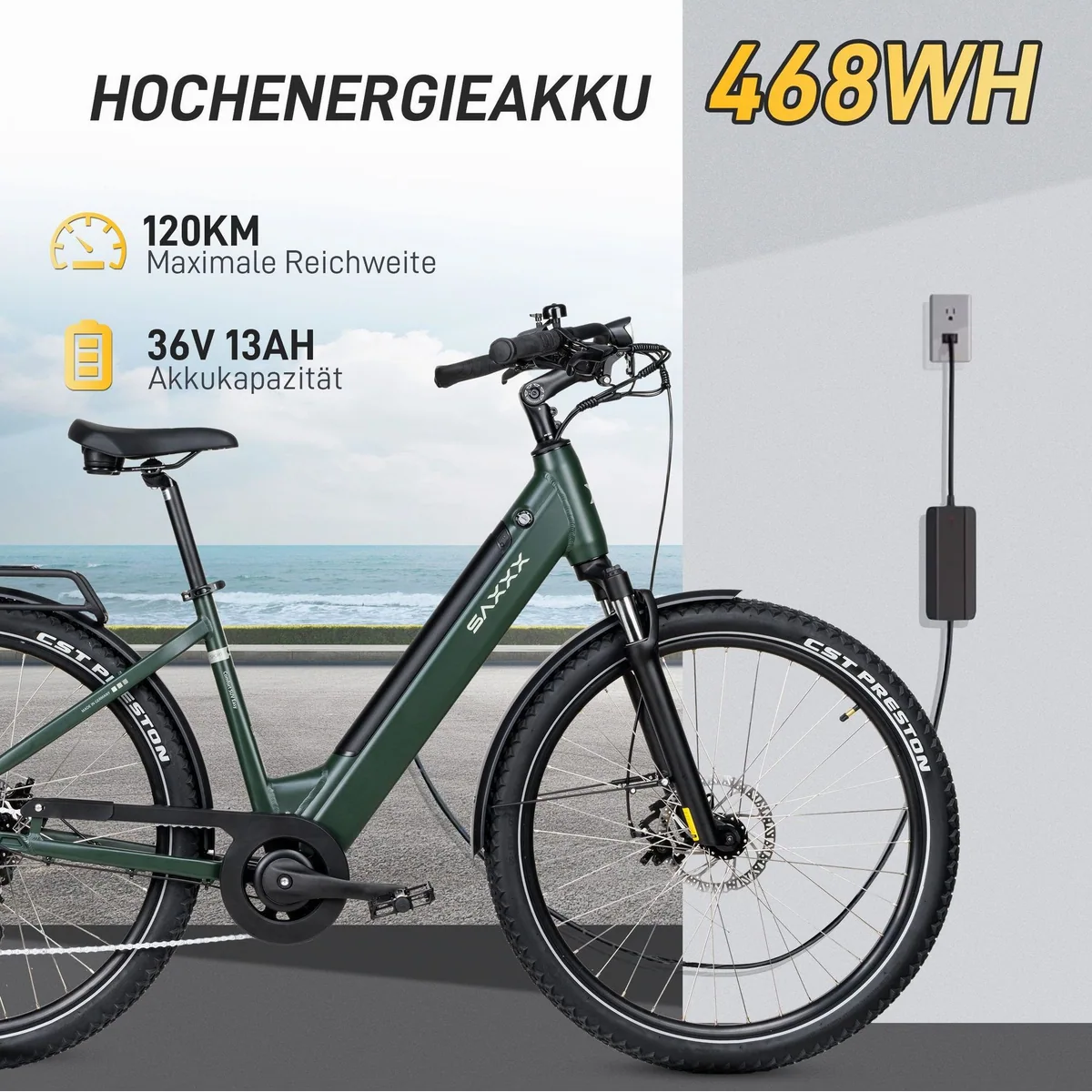 SAXXX E-Bike Cityrad 28 Zoll, 250W Heckmotor, abnehmbarer Akku, 7-Gang SHIMANO 3