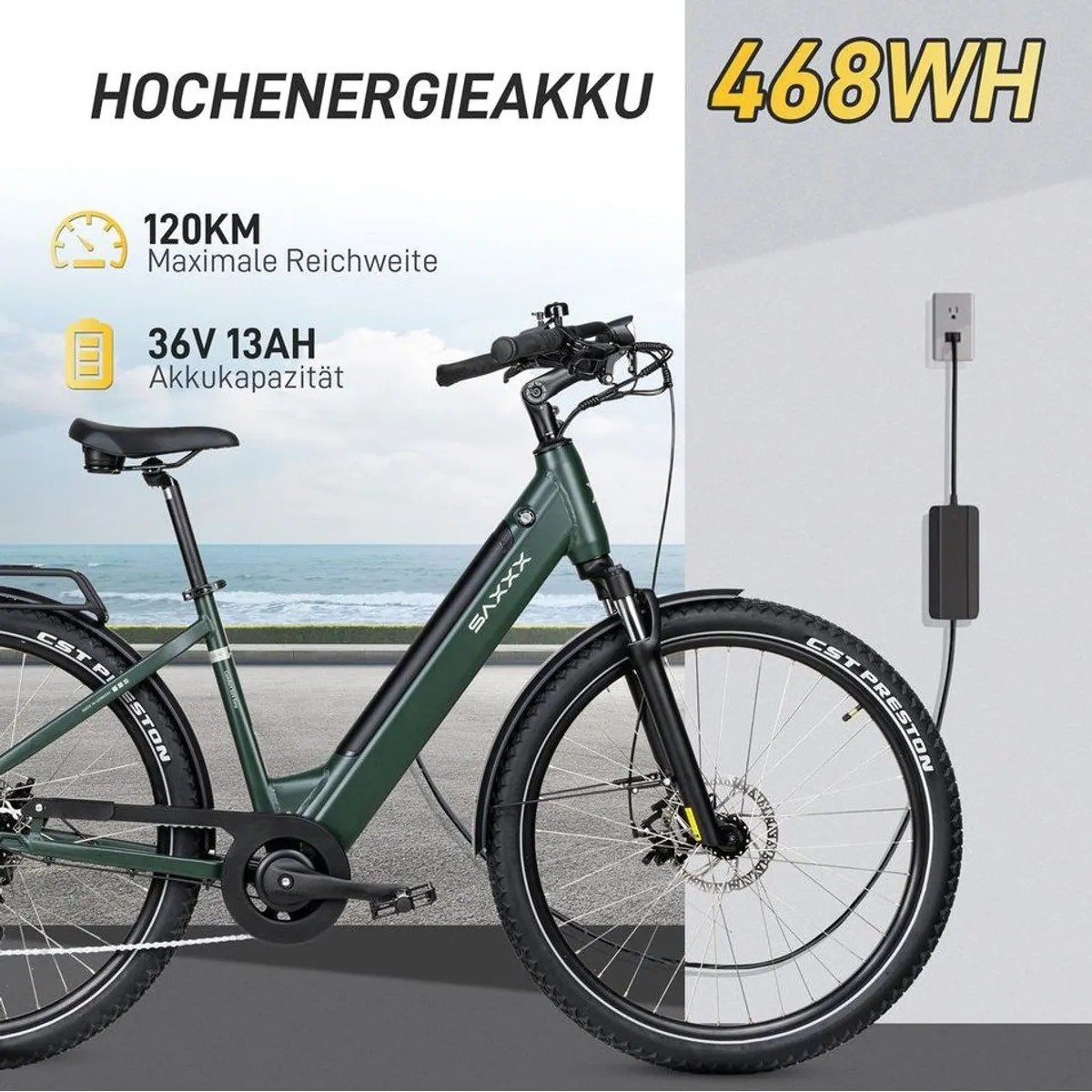 SAXXX E-Bike Cityrad, 250 W Motor, 468 Wh Akku, 7-Gang SHIMANO Altus 4