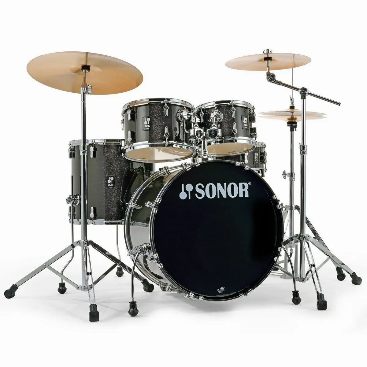 SONOR AQX Stage Schlagzeug, Komplett-Set in Black Midnight Sparkle — 9-lagige Pappel-Kessel, Remo UX Felle, inkl. B8 Beckenset