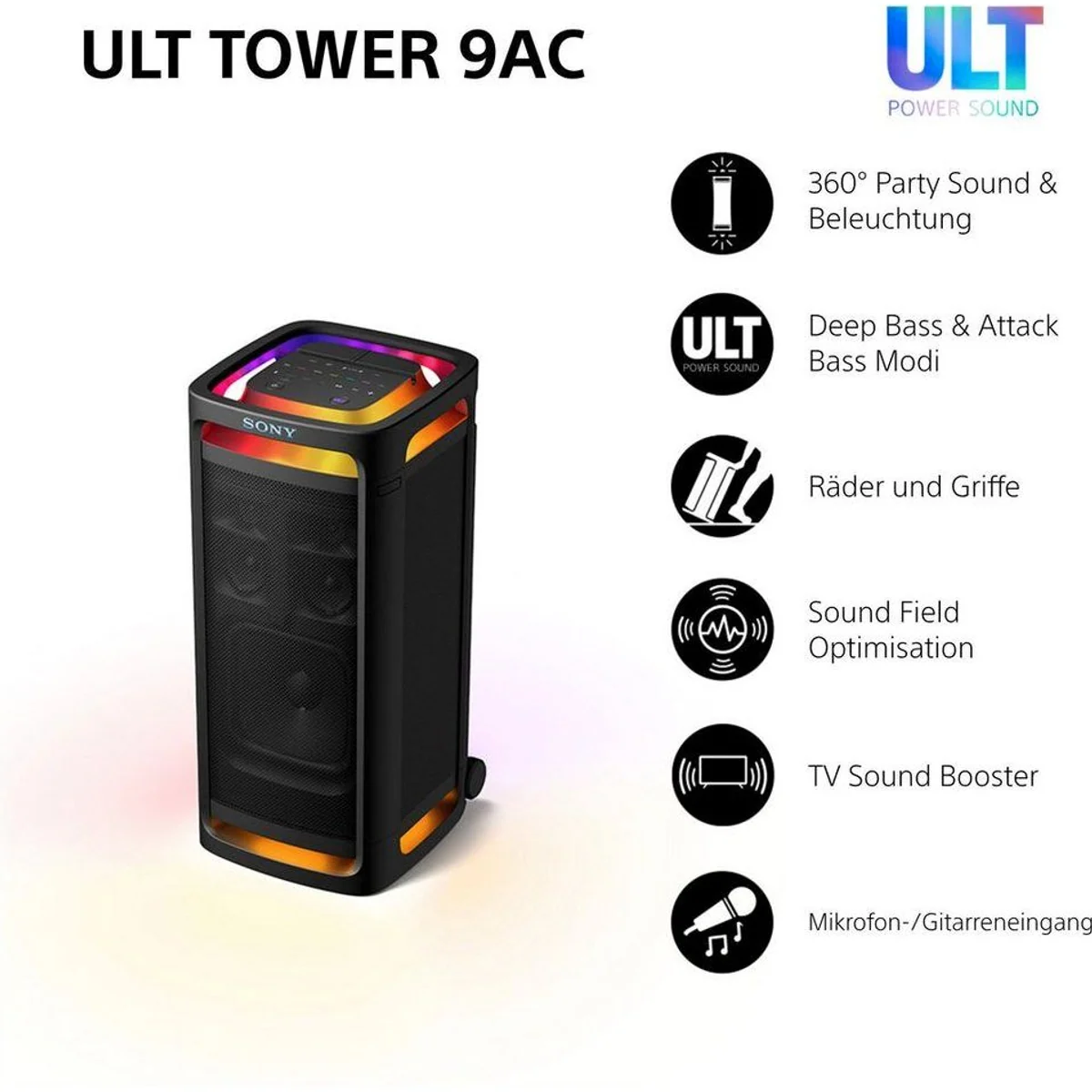 Sony ULT TOWER 9AC Lautsprecher, kraftvoller Klang, 360° Sound, beeindruckende Lichtshow 2