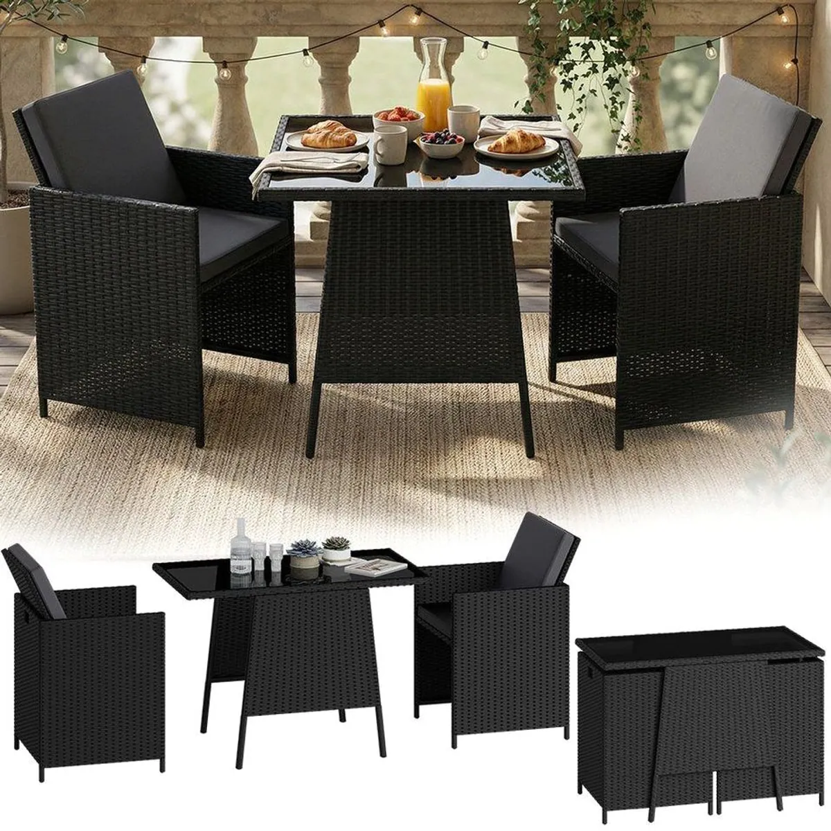 STEELSØN Xenara Gartenmöbel-Set, platzsparende Rattan Sitzgruppe mit 2 Stühlen und Tisch
