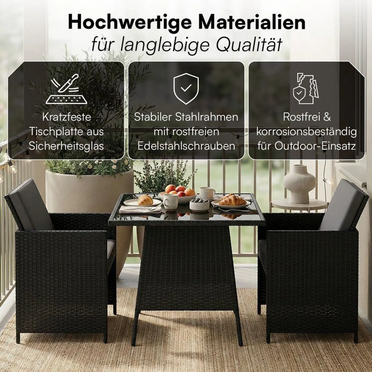 STEELSØN Xenara Gartenmöbel-Set, platzsparende Rattan Sitzgruppe mit 2 Stühlen und Tisch 2