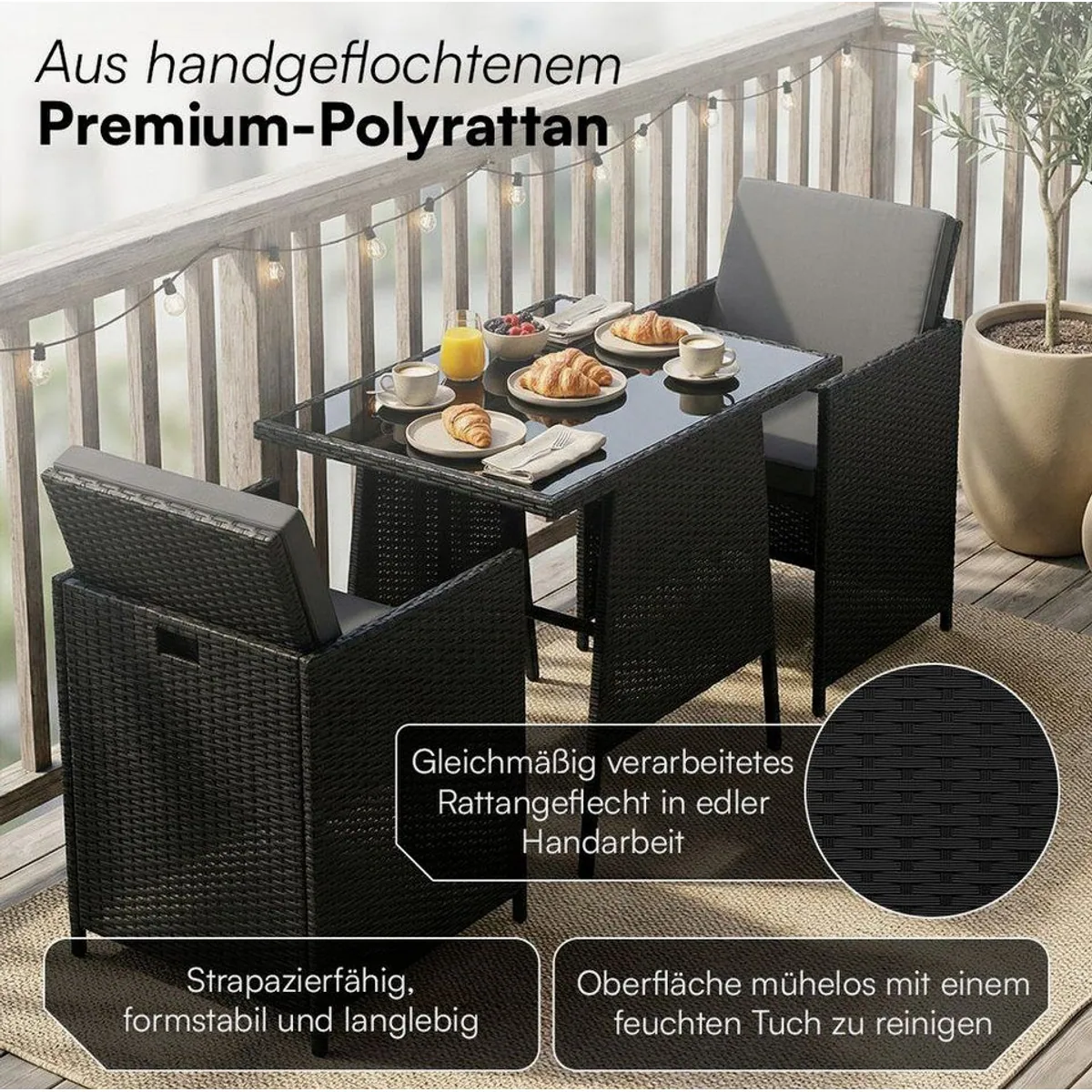 STEELSØN Xenara Gartenmöbel-Set, platzsparende Rattan Sitzgruppe mit 2 Stühlen und Tisch 3