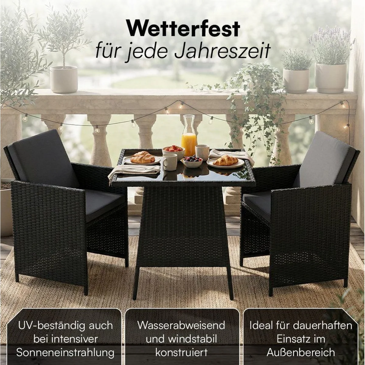 STEELSØN Xenara Gartenmöbel-Set, platzsparende Rattan Sitzgruppe mit 2 Stühlen und Tisch 4