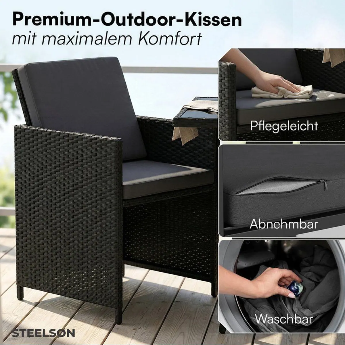 STEELSØN Xenara Gartenmöbel-Set, platzsparende Rattan Sitzgruppe mit 2 Stühlen und Tisch 5