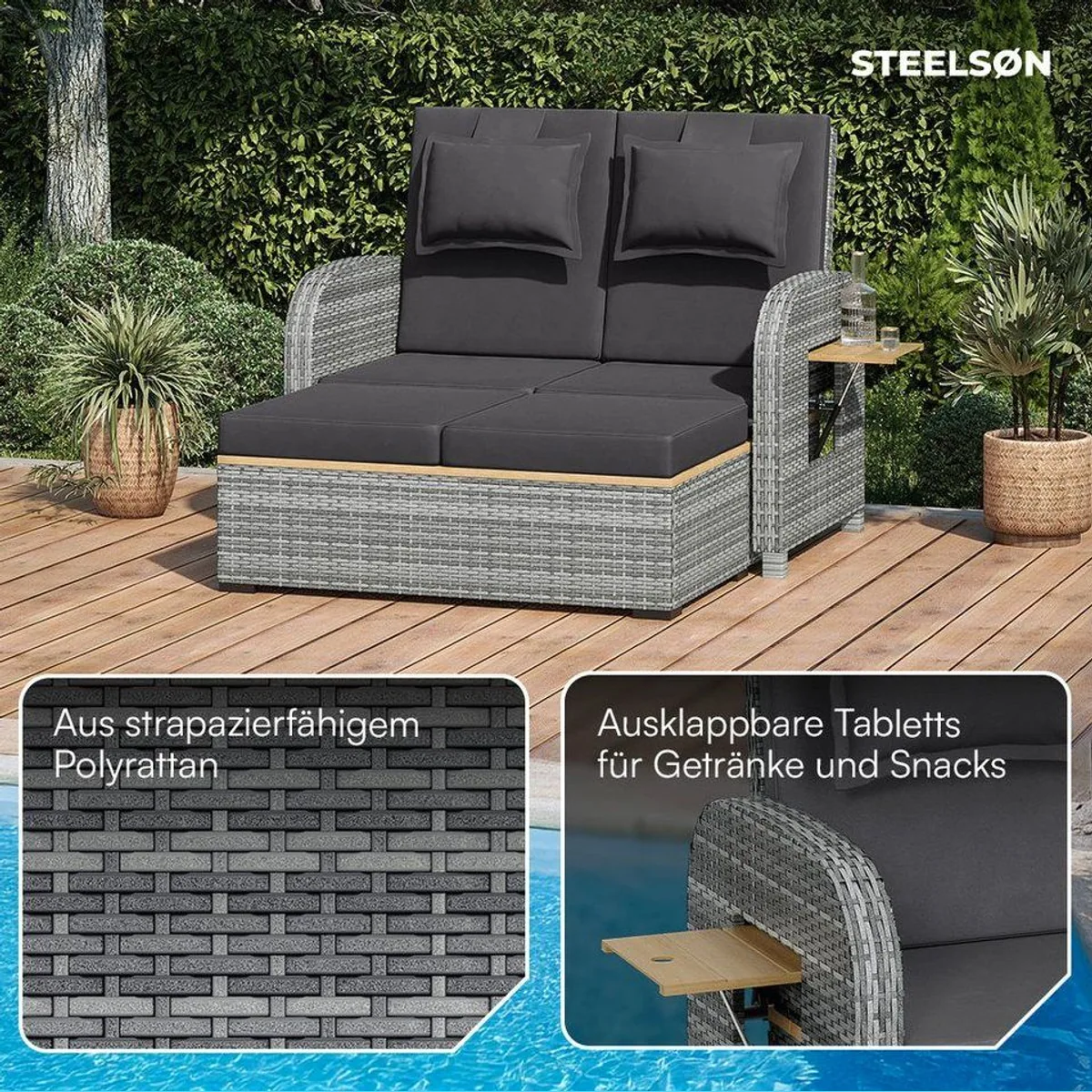 STEELSØN Caelum Gartenlounge-Set, 3-fach verstellbare Rückenlehne, herausziehbare Sitzbank, wetterfest 3